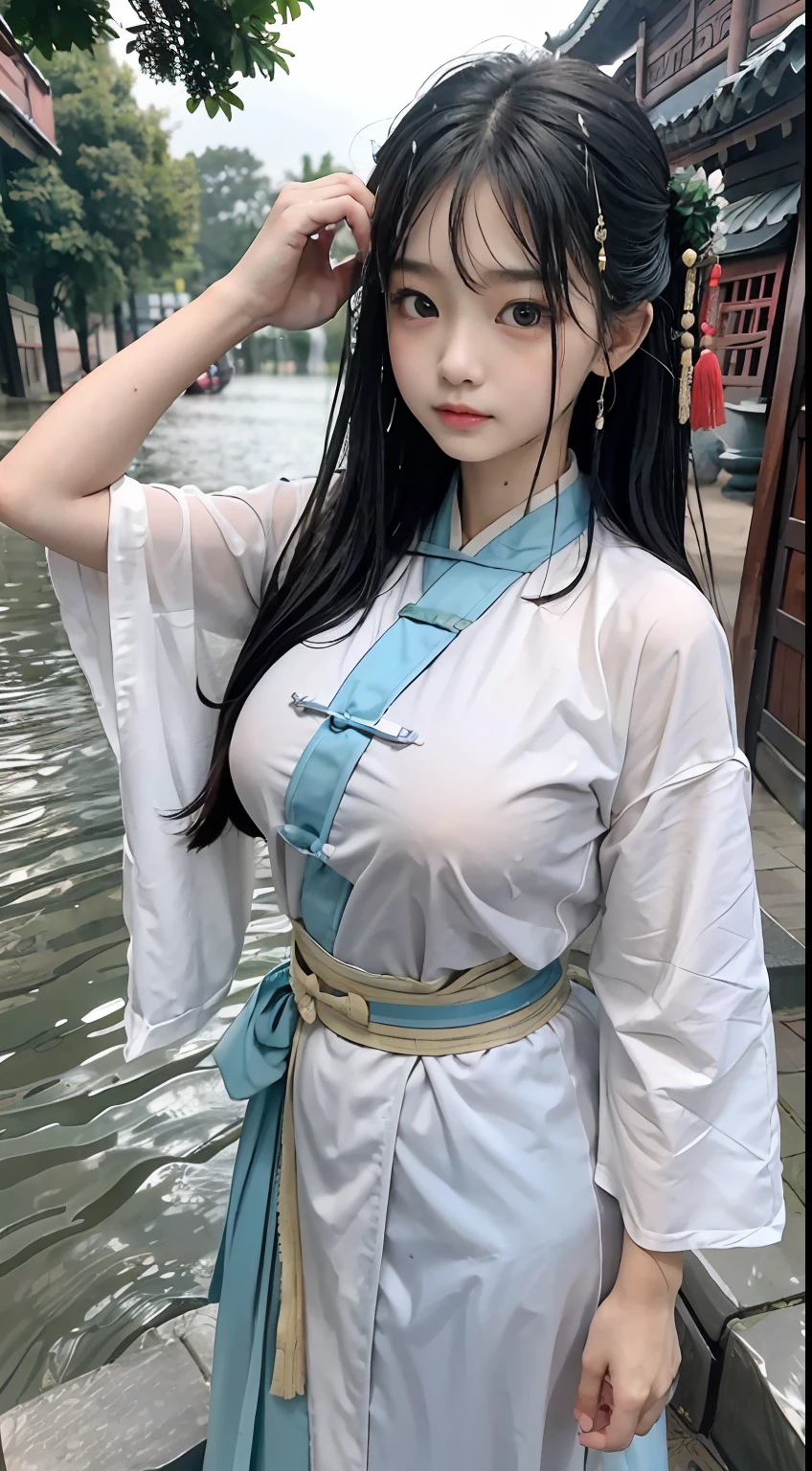 Master quality, highest quality, best picture quality, exaggerated details, a cute 8  asian little gth a shy expression, slightly squinted eyes, adjusting her hair, long eyelashes (long hair / very, very exaggerated big breasts _ tits / in hanfu chinese luxury), posing in front of the camera, wet throught rain, wet breast