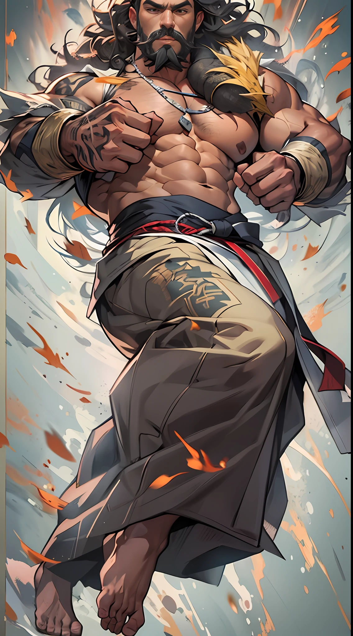 Mighty fighter, chest exposed, lower body unclothed from thighs to feet, adorned with a beaded beard, flowing long curls, detailed muscular physique, photorealistic depiction, 4K resolution. Background: Martial arts dojo,32k uhd, best quality, masterpiece, super detail, high details