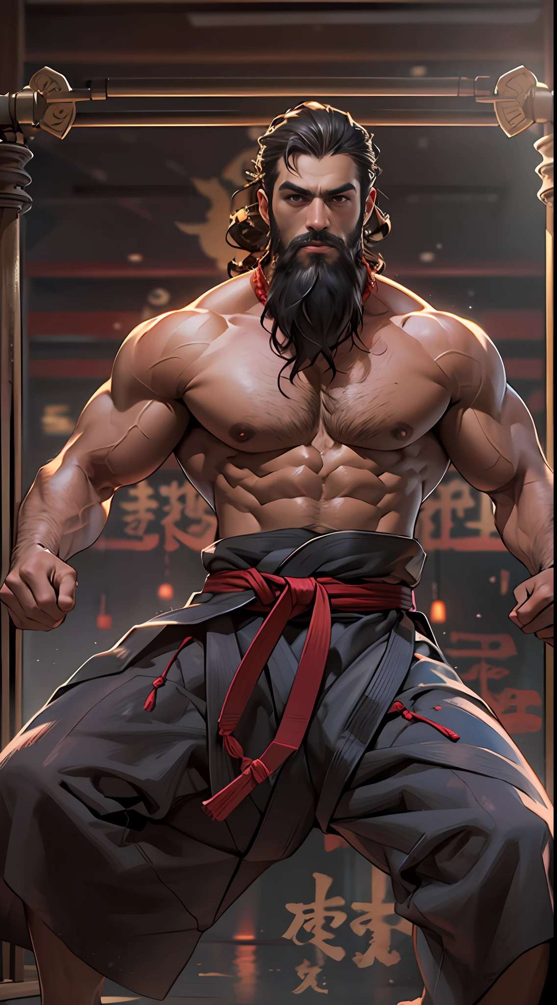 Mighty fighter, chest exposed, lower body unclothed from thighs to feet, adorned with a beaded beard, flowing long curls, detailed muscular physique, photorealistic depiction, 4K resolution. Background: Martial arts dojo,32k uhd, best quality, masterpiece, super detail, high details