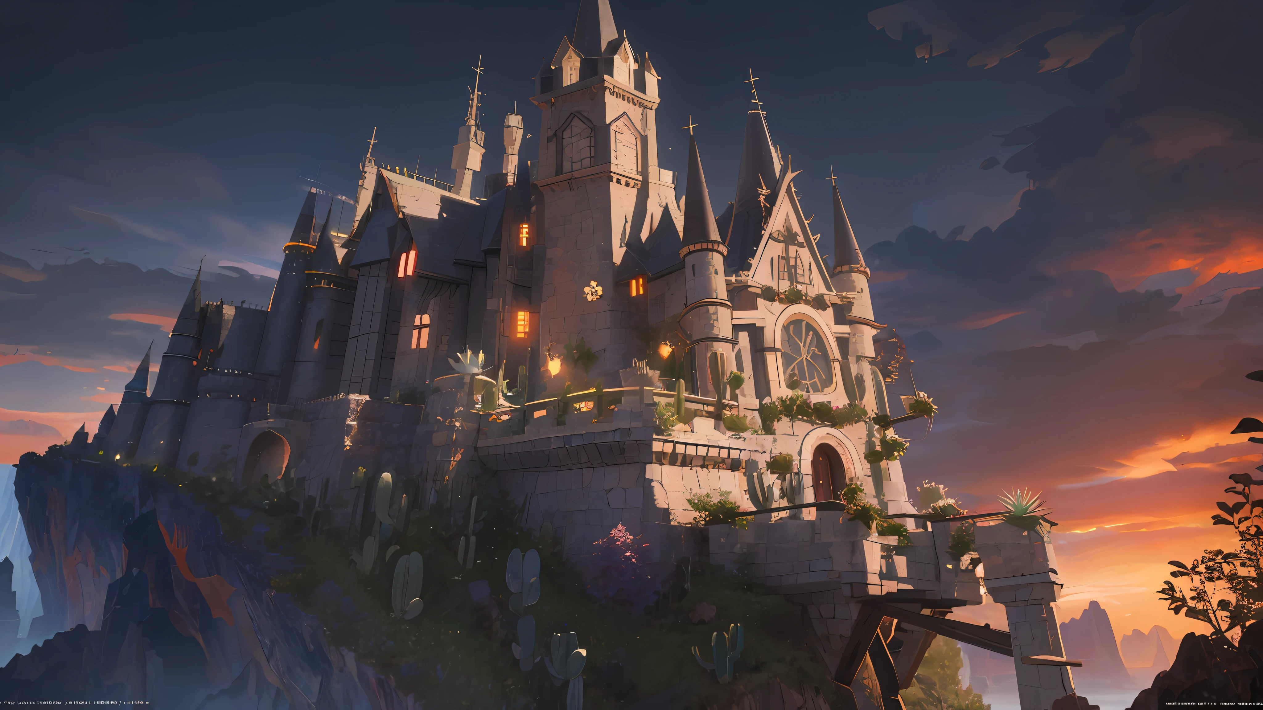 ((Masterpiece)), Best quality, High quality, ((Very detailed CG unity 8K wallpaper)), (fantasy), Black old castle,Standing on an island,In the sky is the red moon,View from a higher mountain,((giant agave titanota)), wild plants , Foxy, , Mono Lake, hackberry, 3D Digital Paintings, award winning photography, Bokeh, Depth of field, hdr, full bloom, less cactus, color difference , Photorealistic, The is very detailed, trending on artstationh, trending on CGSociety, Intricate, high detal, dramatics, halfway art,
