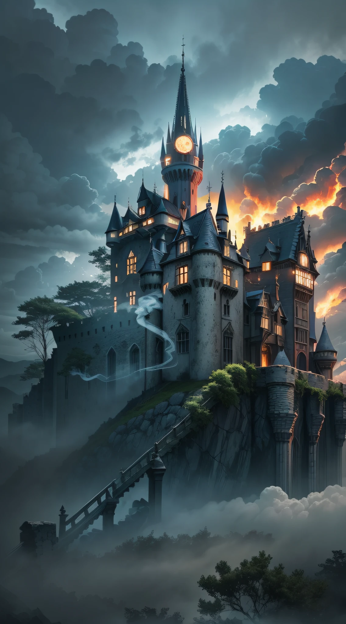 Dark Castle、Abandoned castle、dark night、Inazuma、Smoke、shadowy、dark clouds、masterpiece、ultra-definition、Single focal length