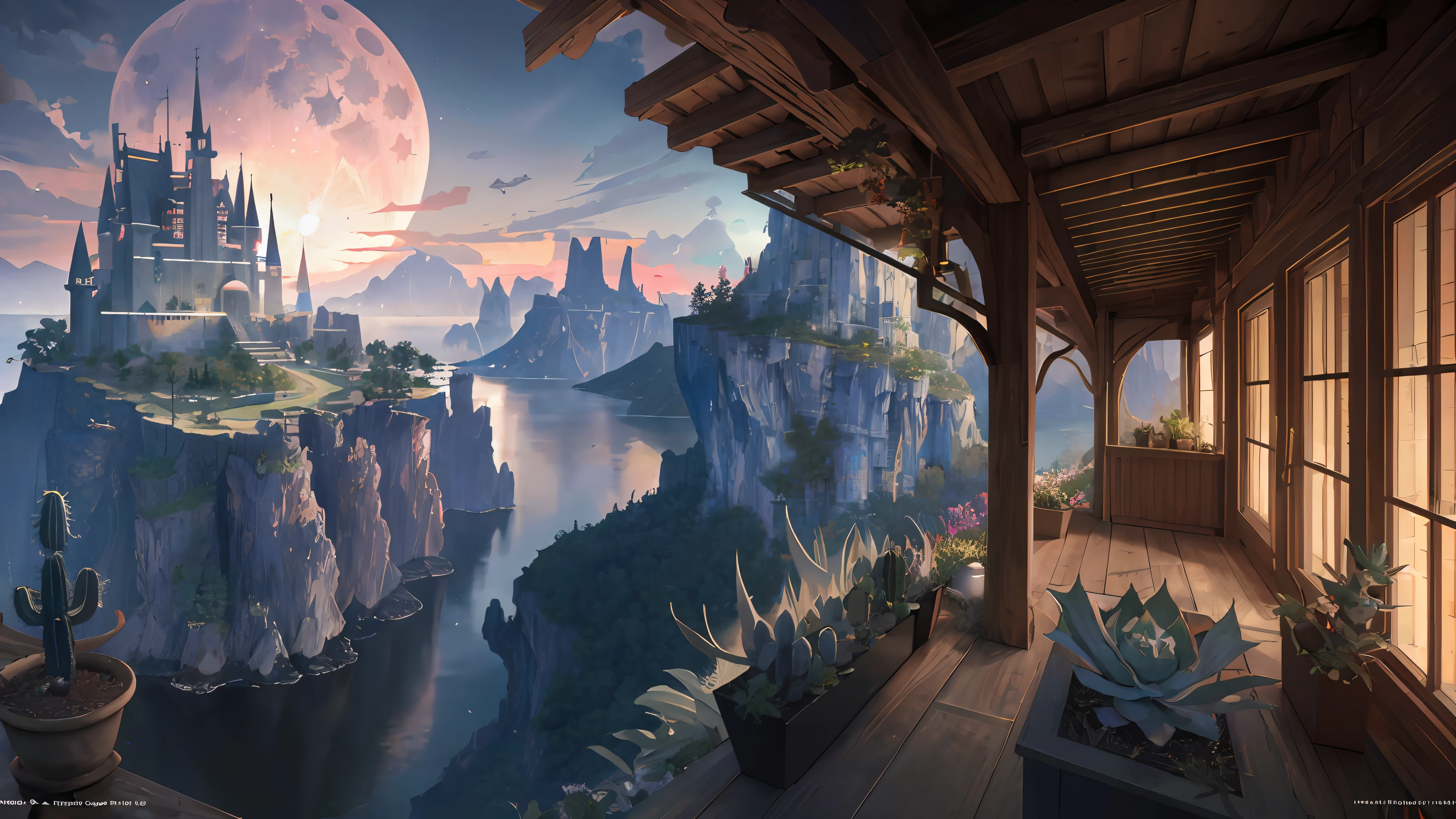 ((Masterpiece)), Best quality, High quality, ((Very detailed CG unity 8K wallpaper)), (fantasy), Black old castle,Standing on an island,In the sky is the red moon,View from a higher mountain,((giant agave titanota)), wild plants , Foxy, , Mono Lake, hackberry, 3D Digital Paintings, award winning photography, Bokeh, Depth of field, hdr, full bloom, less cactus, color difference , Photorealistic, The is very detailed, trending on artstationh, trending on CGSociety, Intricate, high detal, dramatics, halfway art,