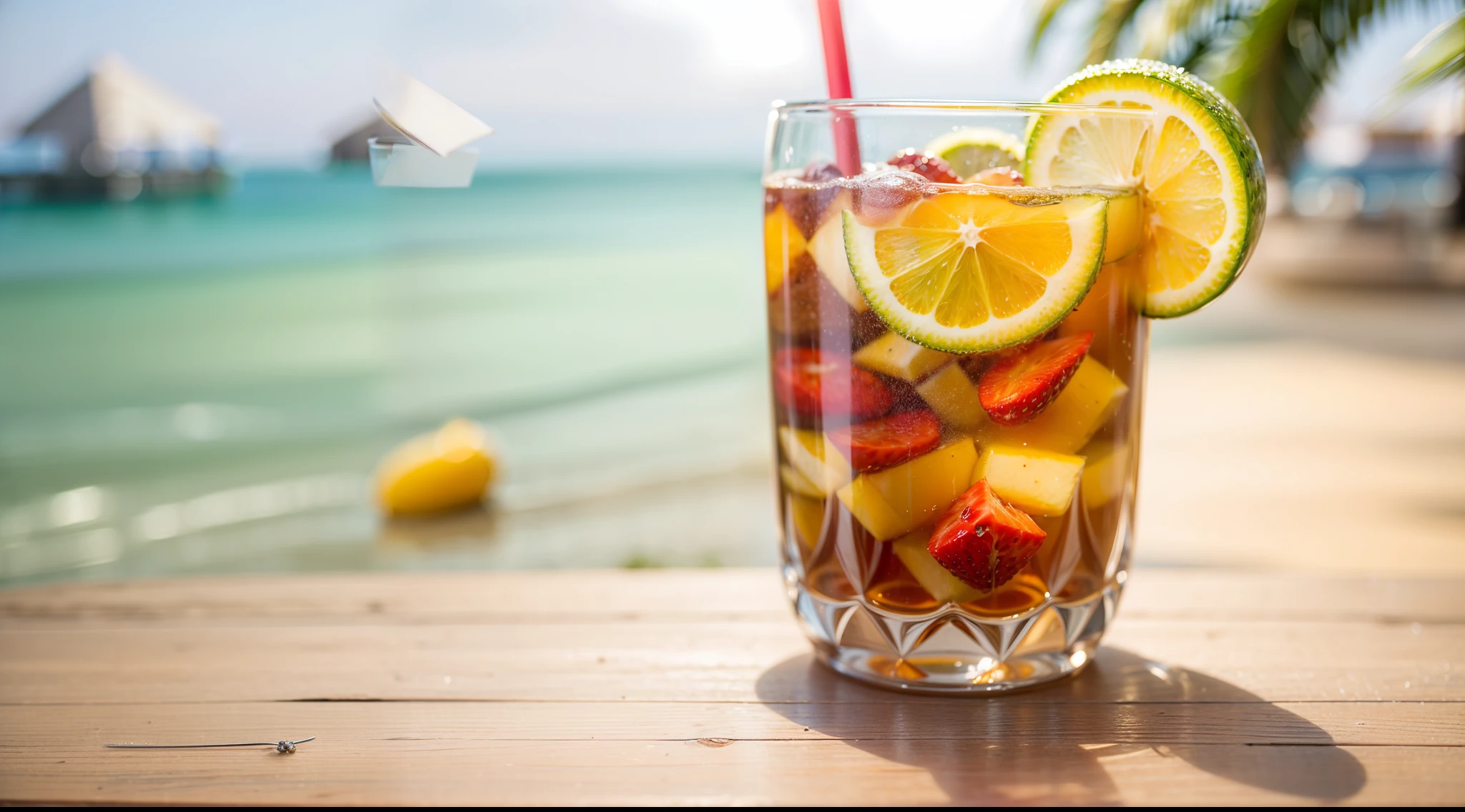 Summer beach, one iced tea on the table. The mouth of the glass is decorated with only one fresh fruit. Very realistic, photograph, Eye-Level Shot, first-person view, super detail, high details, high quality, 8k