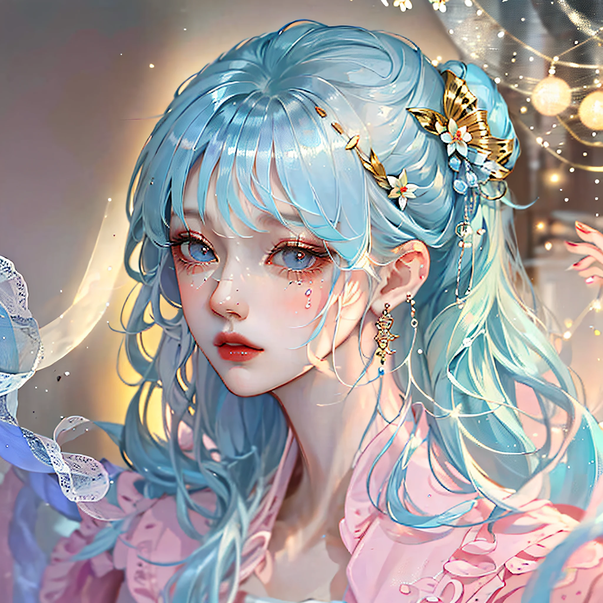 (a masterpiece、), (Bestquality), (Ultra detailed),(Disheveled hair),(illustration、、), (1 girl), (Fashionable clothing), standing, Fashion model, View Viewer, (interview), (simple background),Beautiful Detailed Eyes, delicate beautiful face, Floating,(High Saturation),(colorful splashes),colorful bubble,(Shiny,), focus on face, ponytail, kamisato ayaka, light blue hair, bangs, hair ring, floating flowers, floating hairs, (Shiny,), Best Illumination, best shadows,tears