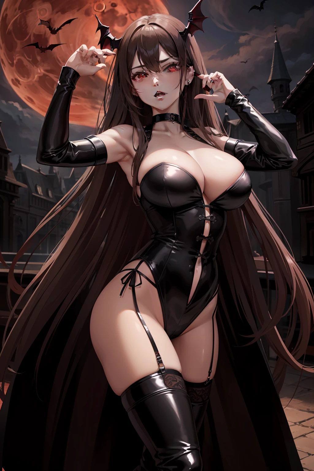 masterpiece, ultra quality, detailed, 4k quality, long hair. brown hair, red eyes, hair down, black outfit, sexy outfit, vampire, gothic, black theme, blood moon, flying bats, night, illuminating light, curvy, large bust, black choker