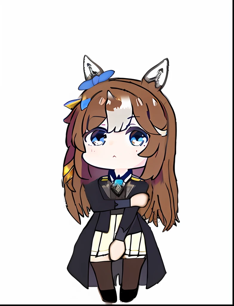 Masterpiece, Best quality,Black color hair,White pick dye,black beret,Brown tunic,White shirt,Gold eyes,Horse Ears,She has a blue bow tied around her neck,The shirt,Brown tunic,A girl with horse ears and a tail,Wear an overcoat with gold details,black over-the-knee socks