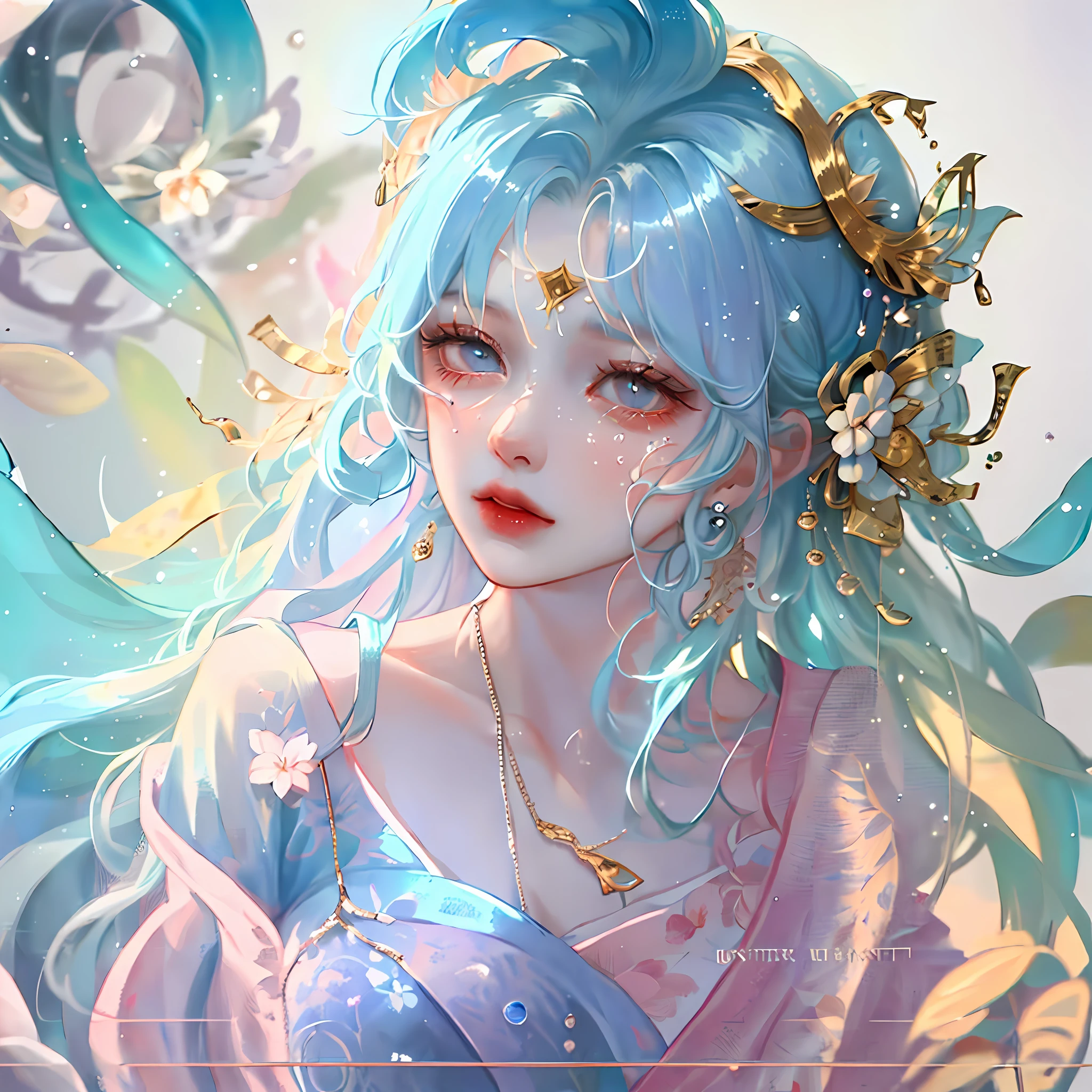 (a masterpiece、), (Bestquality), (Ultra detailed),(Disheveled hair),(illustration、、), (1 girl), (Fashionable clothing), standing, Fashion model, View Viewer, (interview), (simple background),Beautiful Detailed Eyes, delicate beautiful face, Floating,(High Saturation),(colorful splashes),colorful bubble,(Shiny,), focus on face, ponytail, kamisato ayaka, light blue hair, bangs, hair ring, floating flowers, floating hairs, (Shiny,), Best Illumination, best shadows,tears