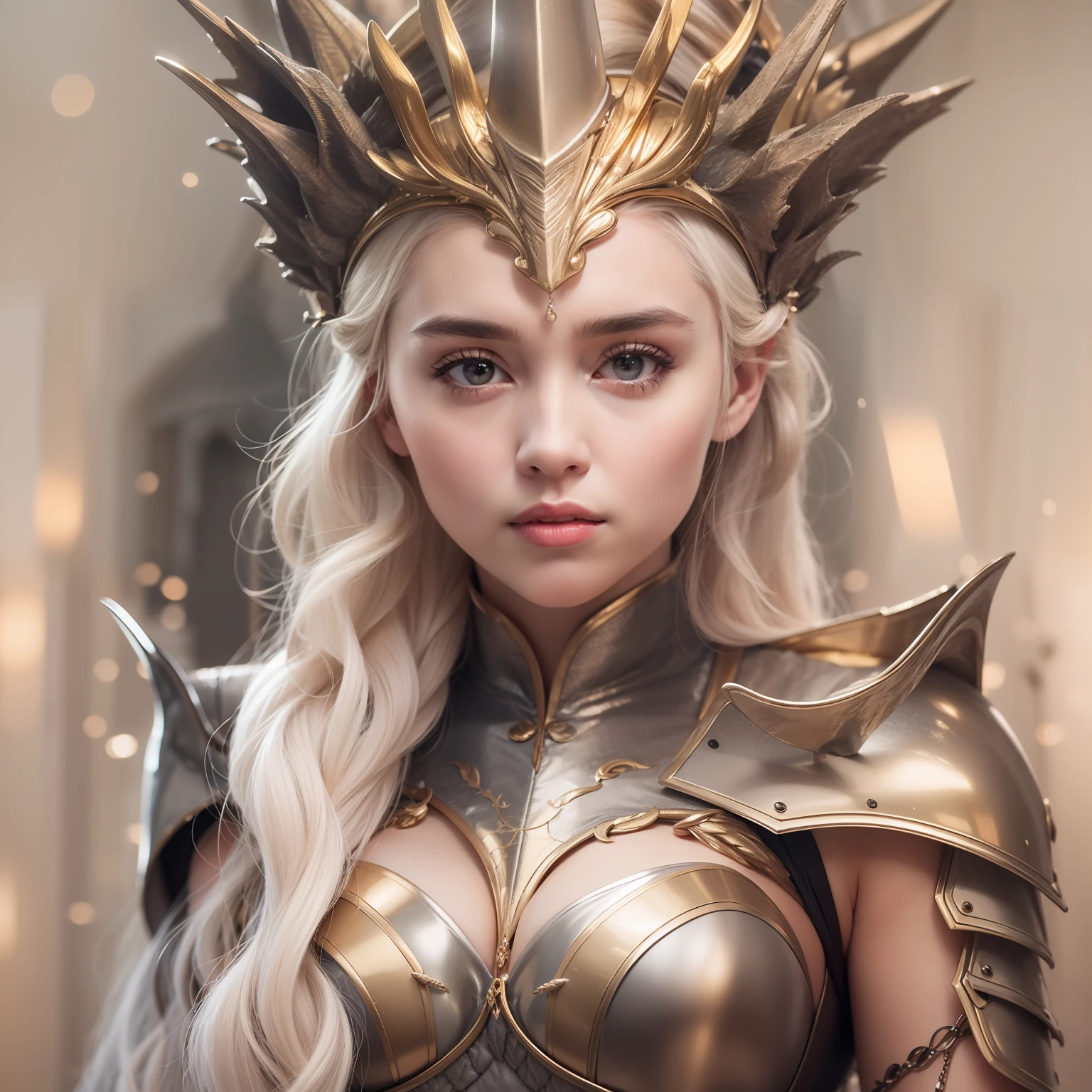 daenerys, mother of dragons, khaleesi, game of thrones, dentes brancos e perfeitos, aura angelical, shiny golden gilding pieces like royalty, raINHA, bela, hair as white as wool, brilhante, vivid, shiny metal armor, sparkle, detalhes felpudos nos ombros, suor no rosto, perfeita como uma elfa, empoderada, confiante, em meio a cinzas, menacing stare, ao fundo labaredas de fogo, epic, medieval 8k,4k, hd