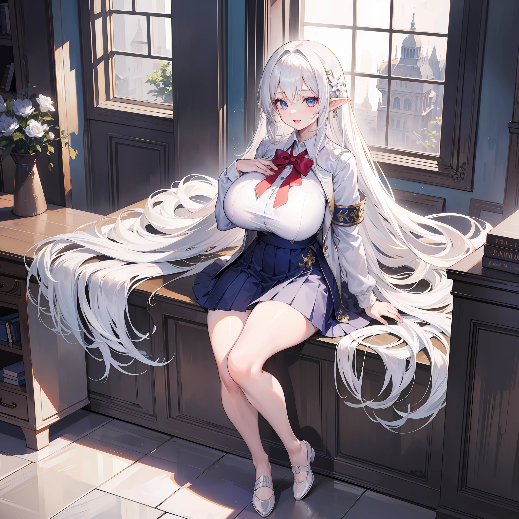 masterpiece, best quality, finely detailed, high resolution, extremely delicate and beautiful, 1girl, huge breasts, thickthighs, white hair, long hair, hair behind ear, school uniform, full body, elf, :d, skirt