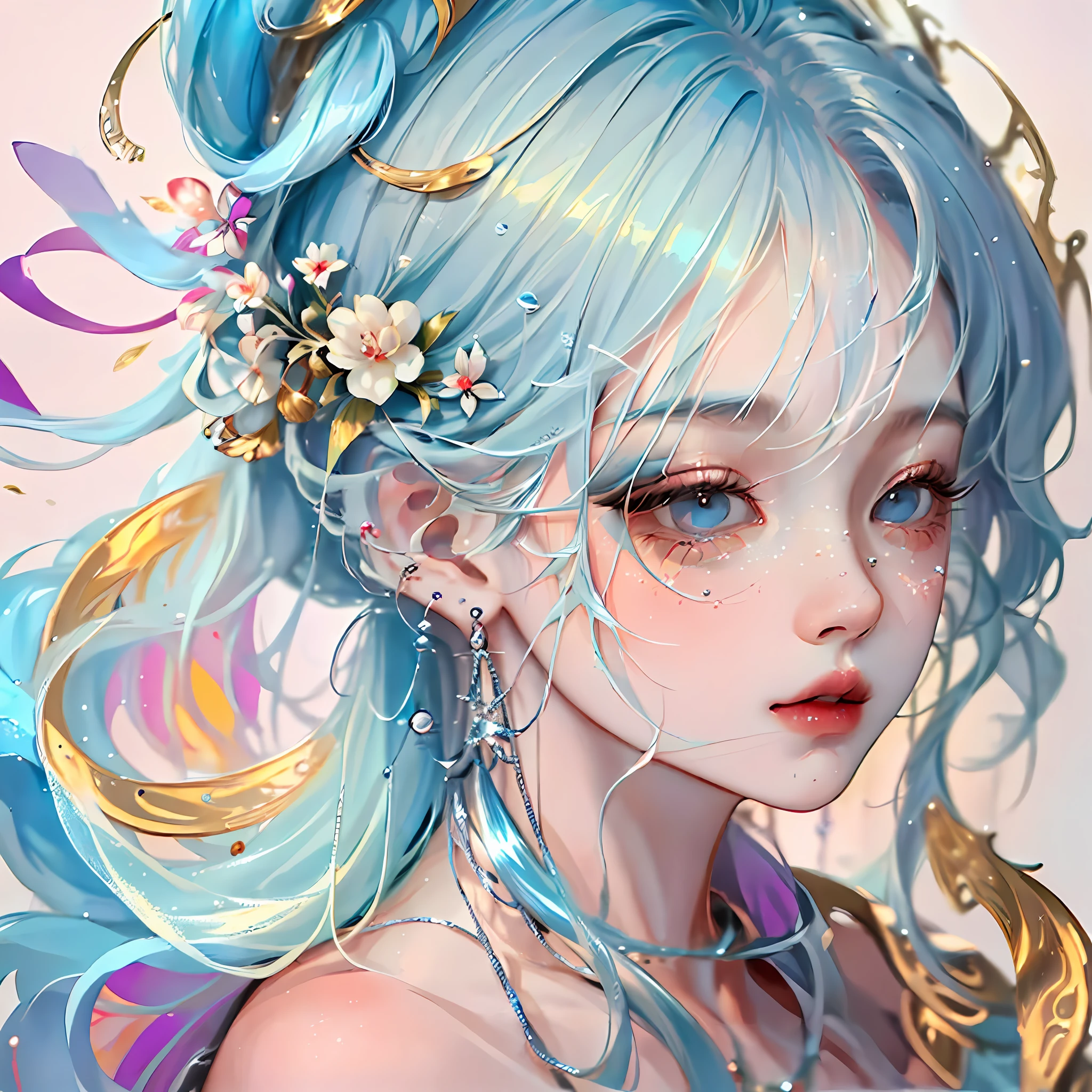 (a masterpiece、), (Bestquality), (Ultra detailed),(Disheveled hair),(illustration、、), (1 girl), (Fashionable clothing), standing, Fashion model, View Viewer, (interview), (simple background),Beautiful Detailed Eyes, delicate beautiful face, Floating,(High Saturation),(colorful splashes),colorful bubble,(Shiny,), focus on face, ponytail, kamisato ayaka, light blue hair, bangs, hair ring, floating flowers, floating hairs, (Shiny,), Best Illumination, best shadows,tears