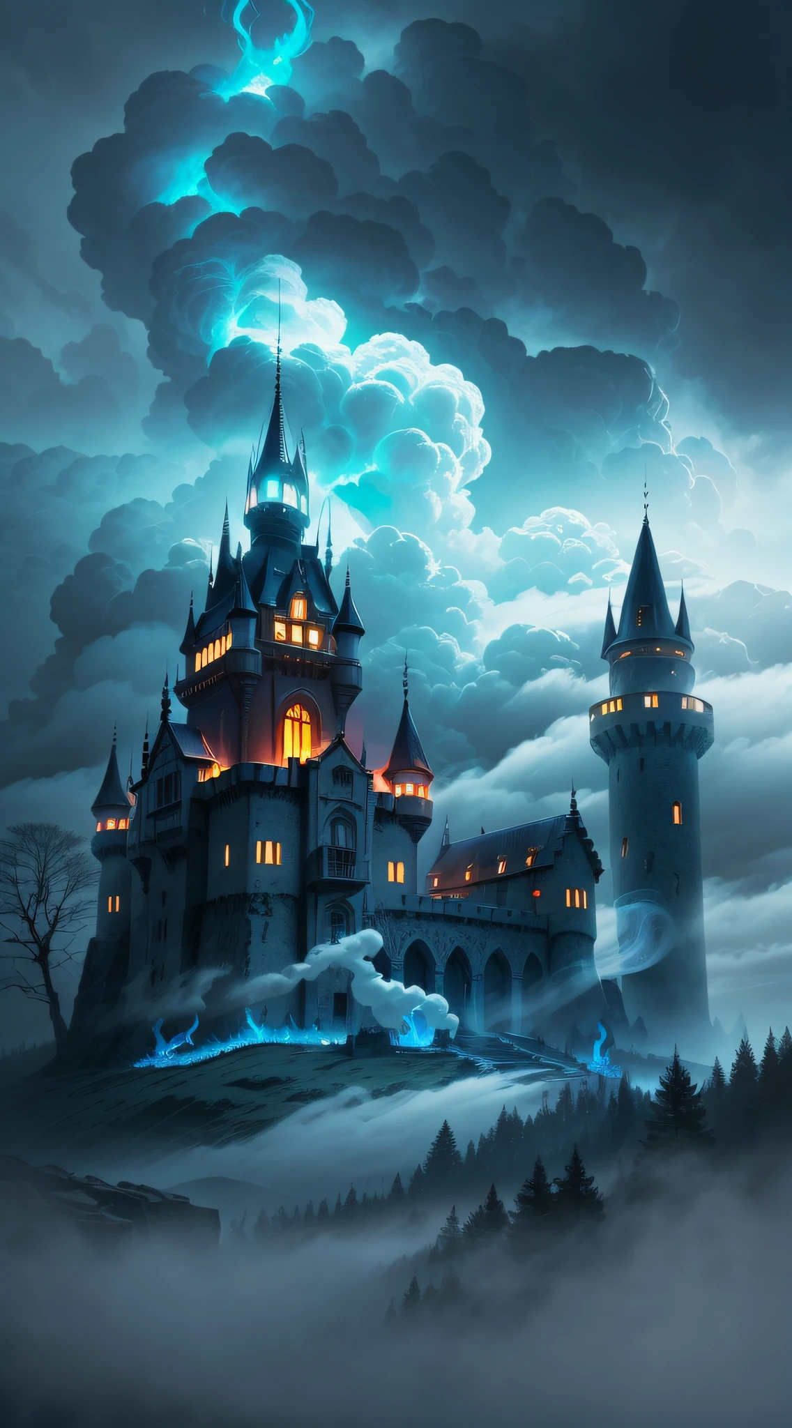 Dark Castle、Abandoned castle、dark night、Many Inazuma、Blue light、Pale light、war、Blue Fire、Smoke、shadowy、dark clouds、Emerging from thick fog、masterpiece、ultra-definition、Single focal length