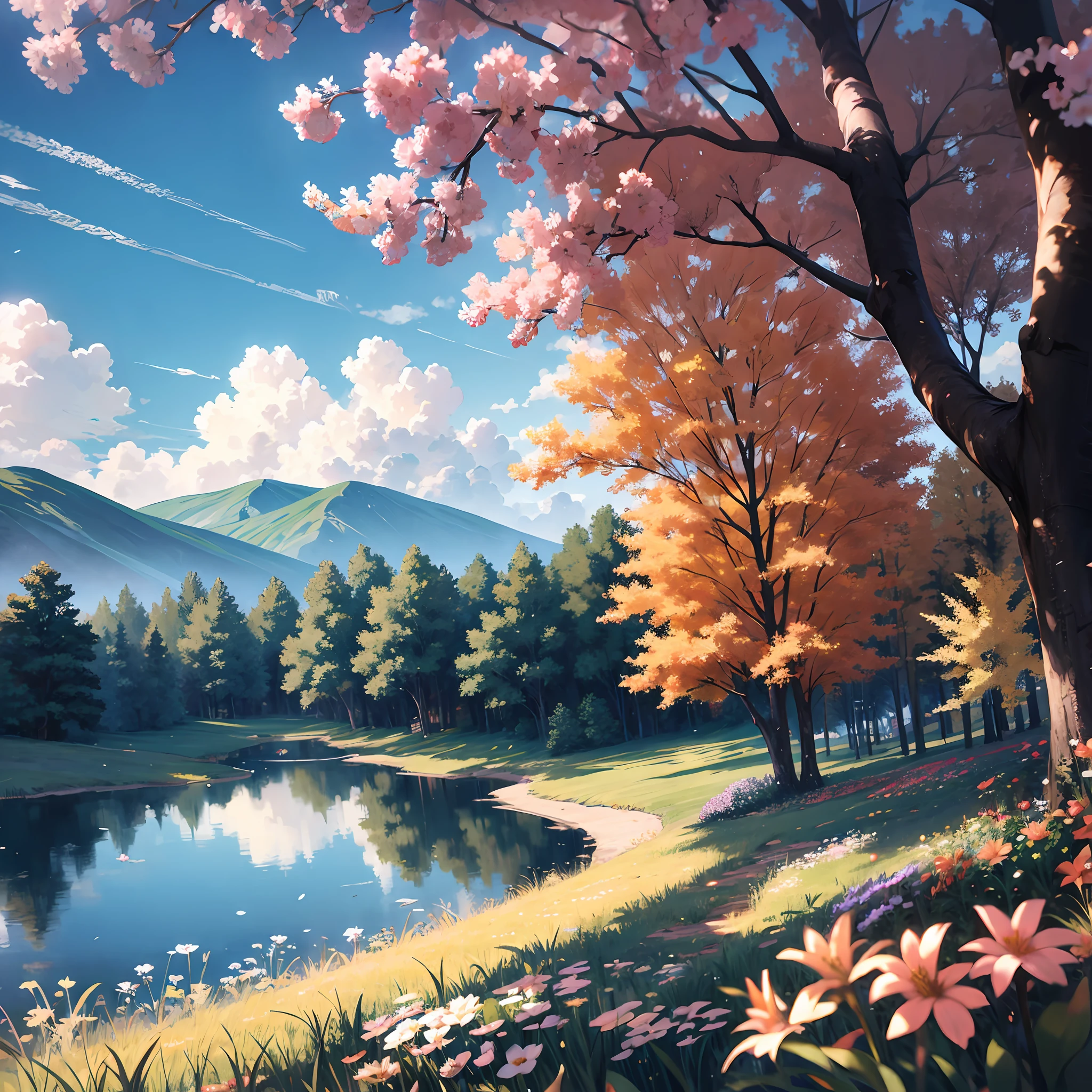 Hill,lake,flowers,sun
