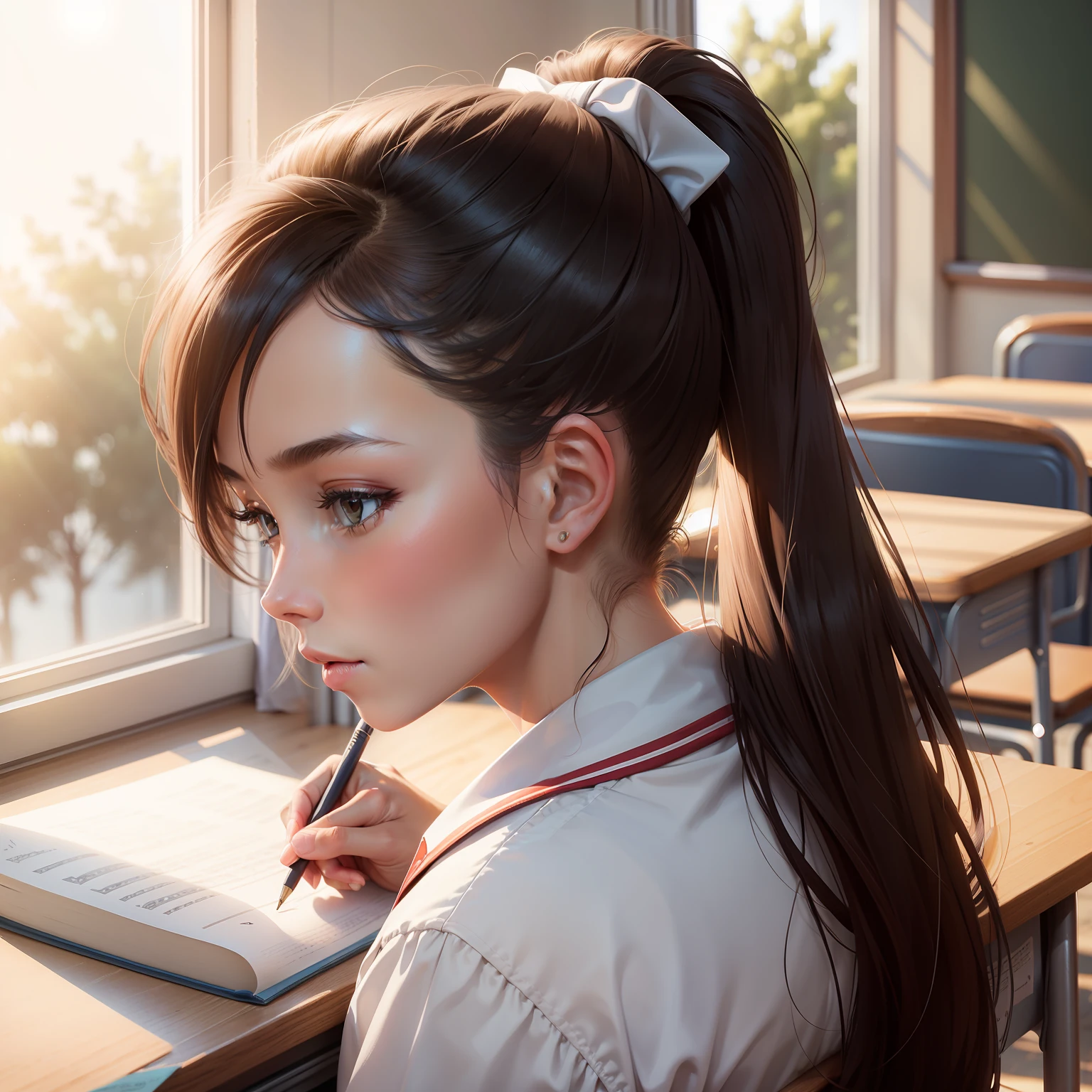 High school girl in the classroom, high ponytail writing homework, the sun shining on half of the face