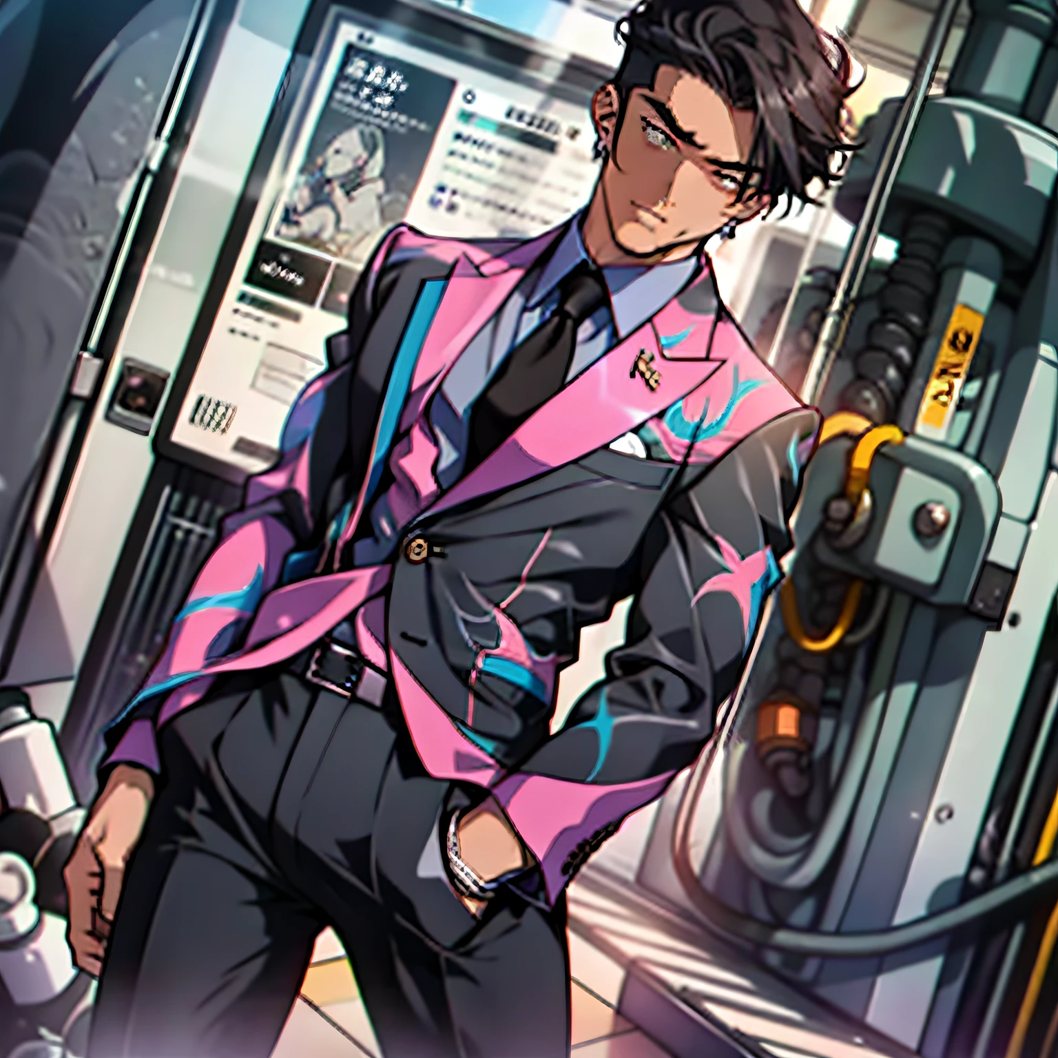 A boy, slim body, meticulous eyes, black suit and tie, black trousers, superb, masterpiece, high resolution