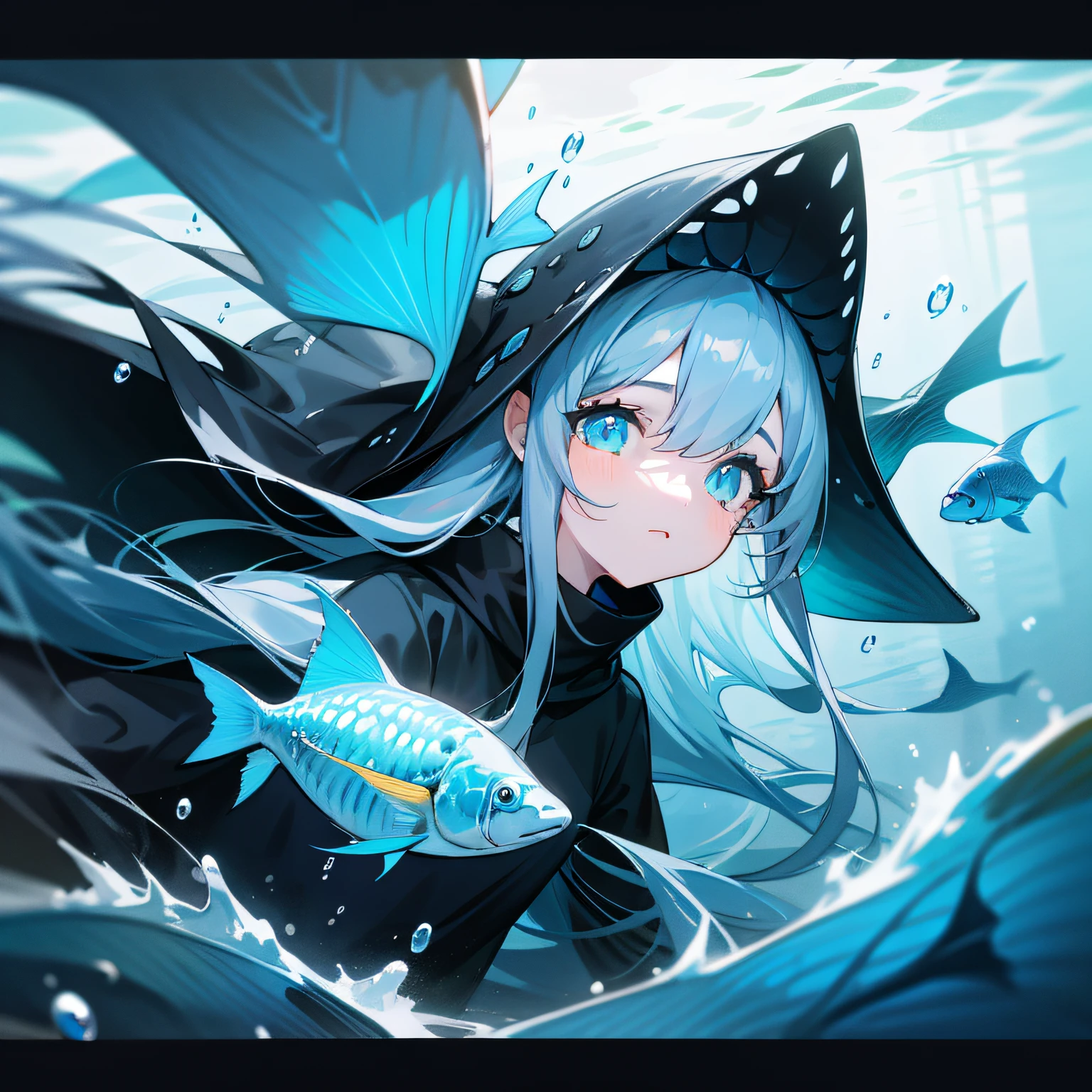 1girll,abyssal,The fish,long whitr hair,black color hair,the detail,tmasterpiece,Detailed eyes description,blue colors,fish flocks,liberta,under the water,afloat