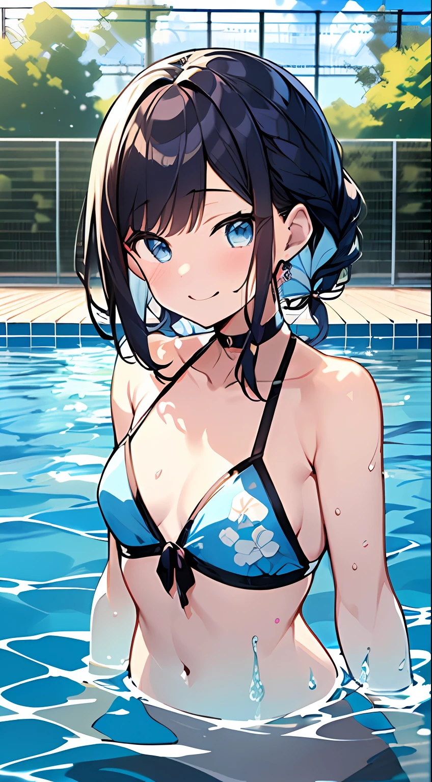 (Incredibly ridiculous absolute resolution:1.5)、hiquality、top-quality、masuter piece、Anime girl in light blue and white bikini, 魅惑的、Anime Loli, 8k Manga Wallpapers, Smile、Shy laughter、((small curvy loli))、 pretty anime girl,((swimming pools))、(Medium Shorthair)、(short braided hair)
