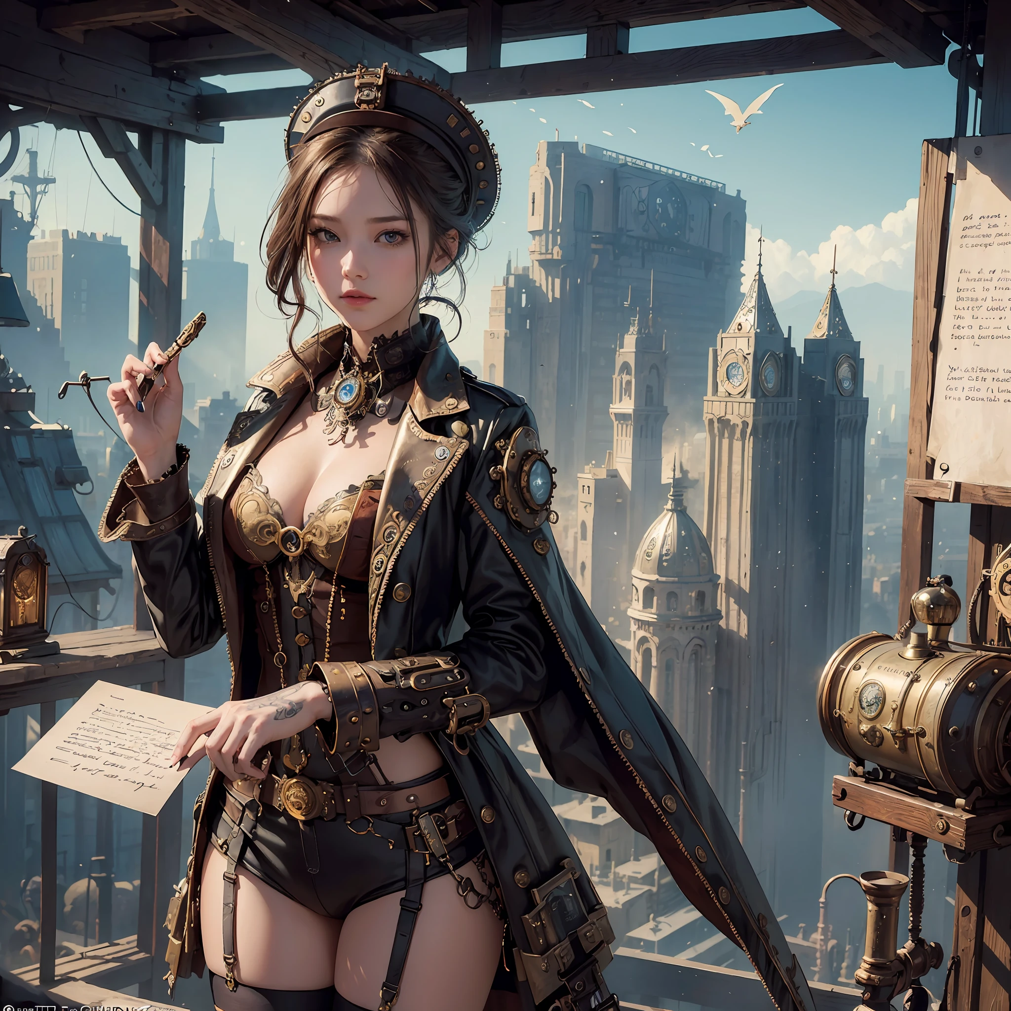 (masterpiece, top quality, best quality, official art, beautiful and aesthetic:1.2), (1girl:1.3), extreme detailed,(Steampunk:1.2),colorful,highest detailed, post office, writing letter