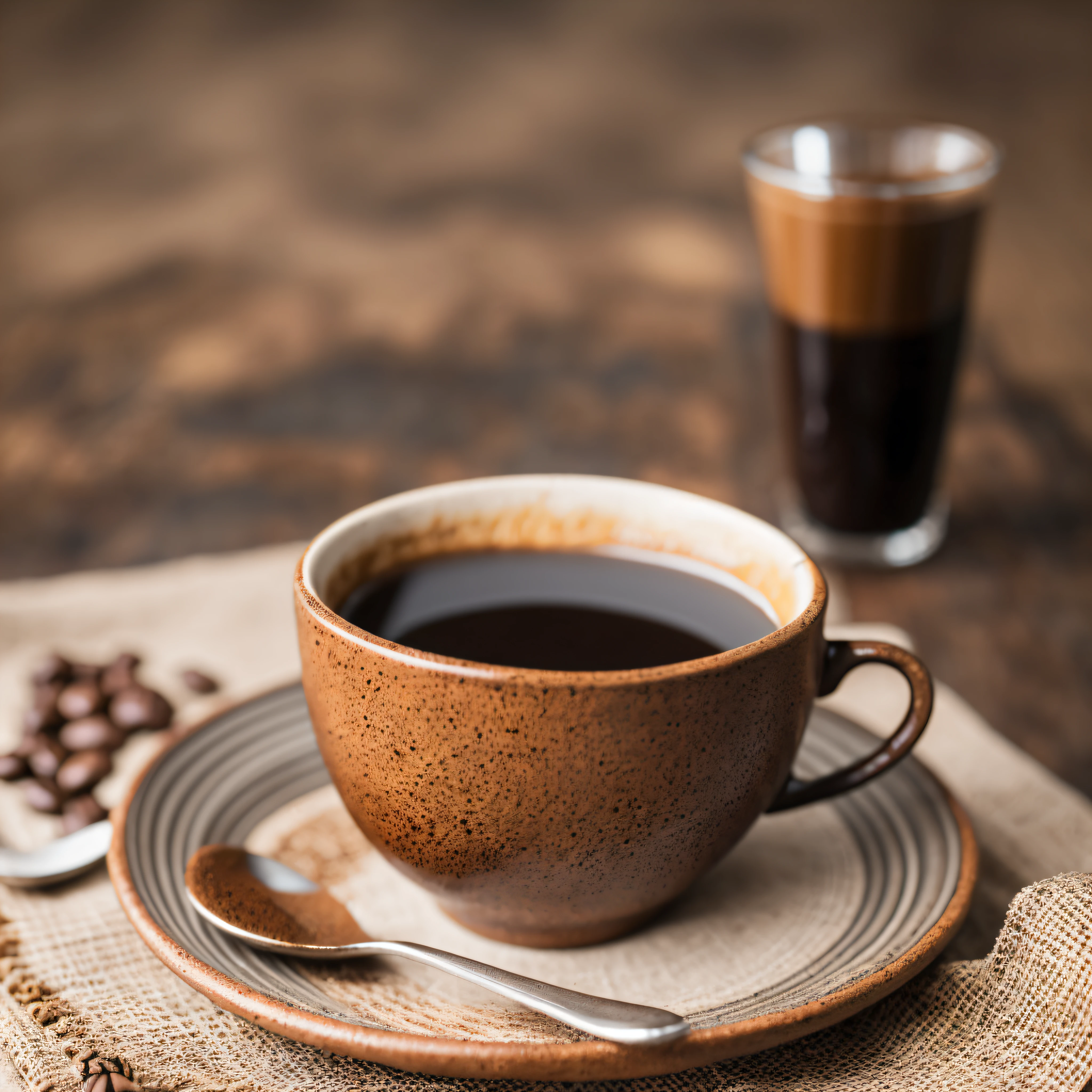 roasted coffee and beans spread over on a cloth with a cup of clay coffee photographed with a 35mm HDR ultra realistic macro camera --auto --s2