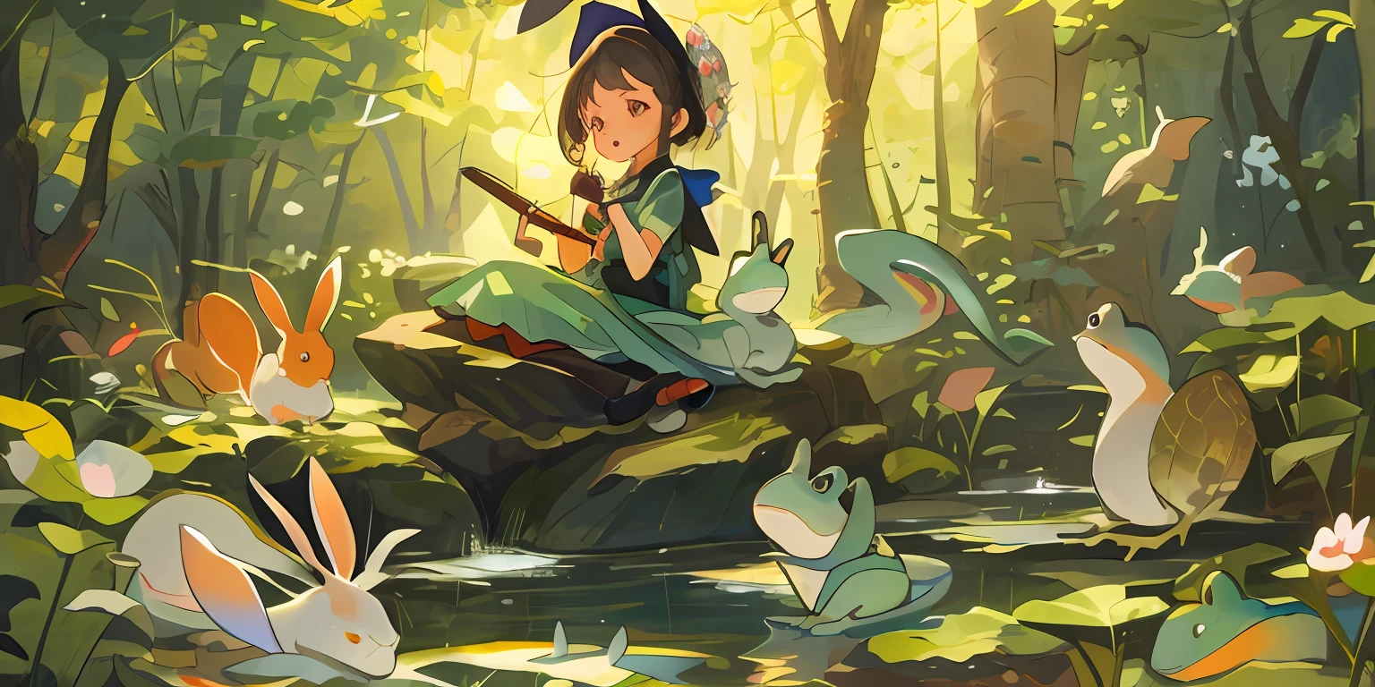A girl sits on a stone and sings,The expression is happy,Delicate facial features,Rabbits, frogs, Snakes and other animals listen to girls singing,All kinds of animals come to see the little girl,illustration,4K,The picture is exquisite,Daisaku,