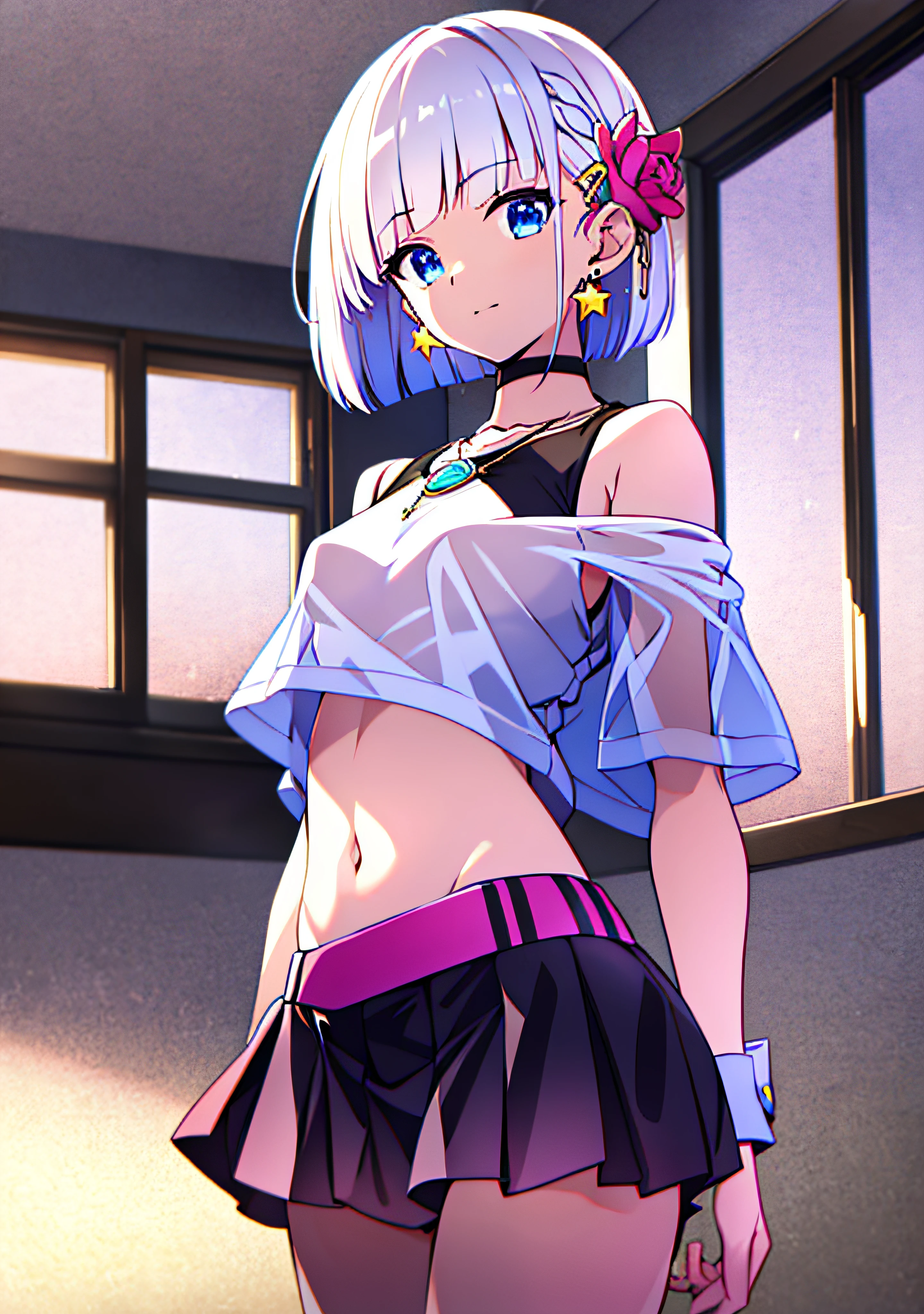 ((tmasterpiece)), best qualtiy, illustratio, The is very detailed, Off_Shoulder,dampness, (see through_White_Colorful_Lettered_tee shirt),Silver Bob hair,Pink_flower_hair pin,Blue_Eyes,navel,The Arm_arms cuffs,Star pendant earrings,pleated_Miniskirt,Gorgeous light and shadow,dynamic angle
