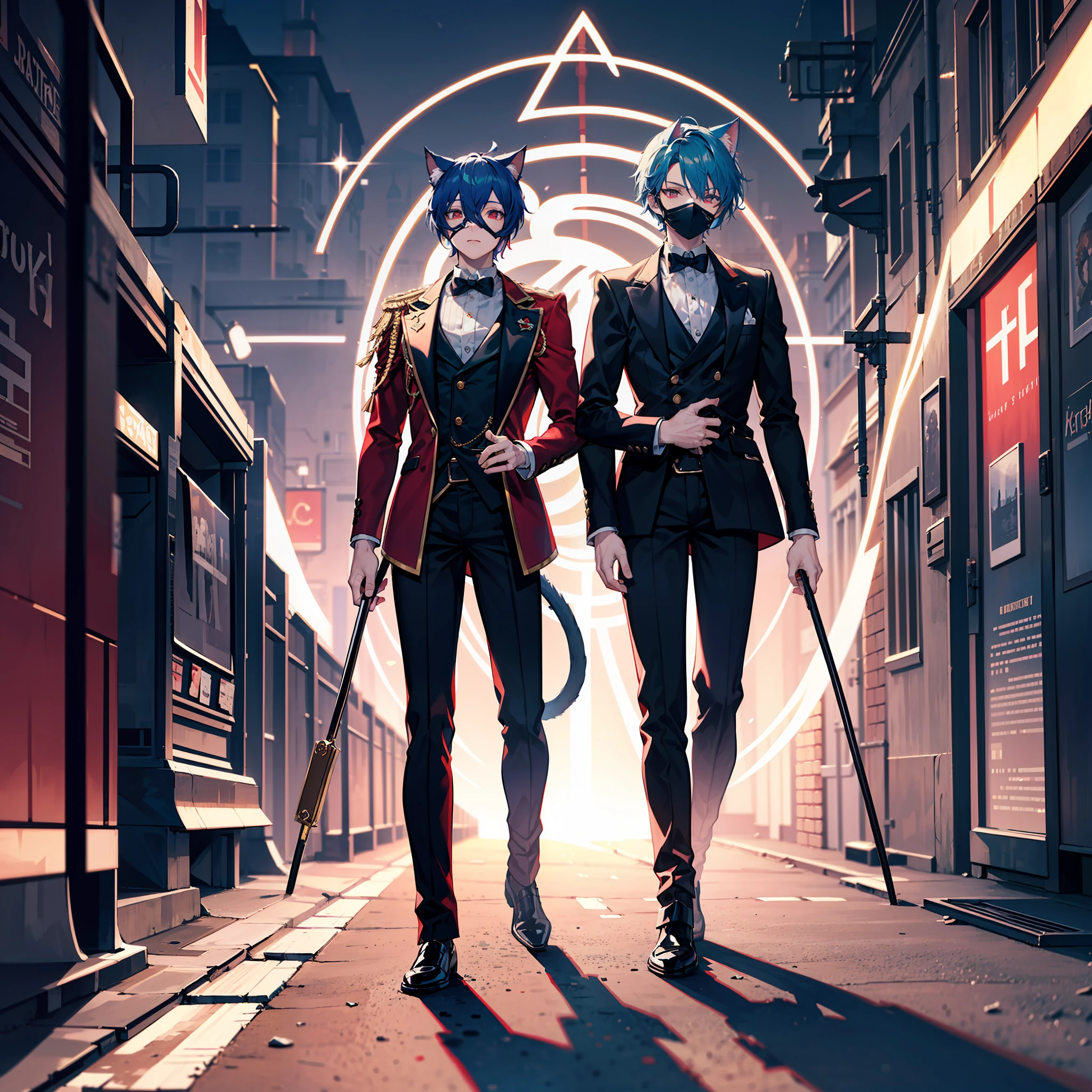 Blurred edge lines, dim colors, a person's full-body photos, a person's visual focus, personality mask, blue hair, red tuxedo, red wide-brimmed hat decorated with black and white stripes, cat man, cat ears, cat tail, tall and thin figure, decorative straps, gentlemanly, charming and handsome, a man.Correct human body structure, optimized human body structure, steampunk wearing detail style, tomorrow's ark character design, detail art, masterpiece, high quality, high resolution, detailed key animation art, best animation, 8K.