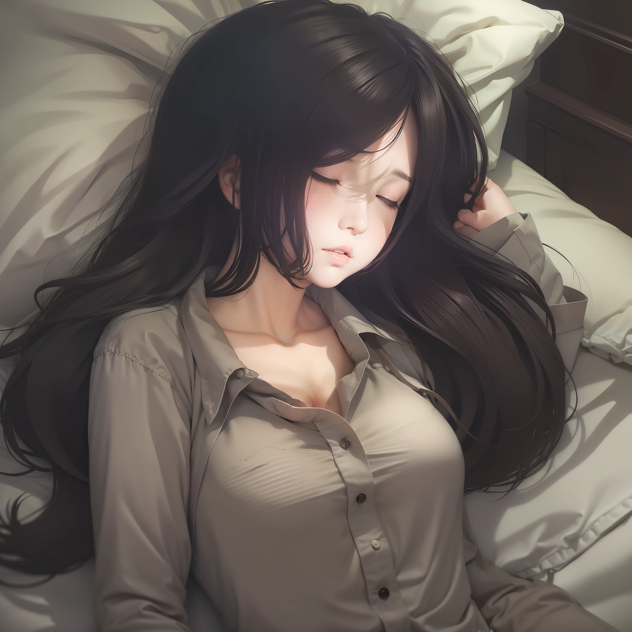 A dark-haired,Bedroom,The shirt,Colossal tits,sleep,Lie down,laying on back,