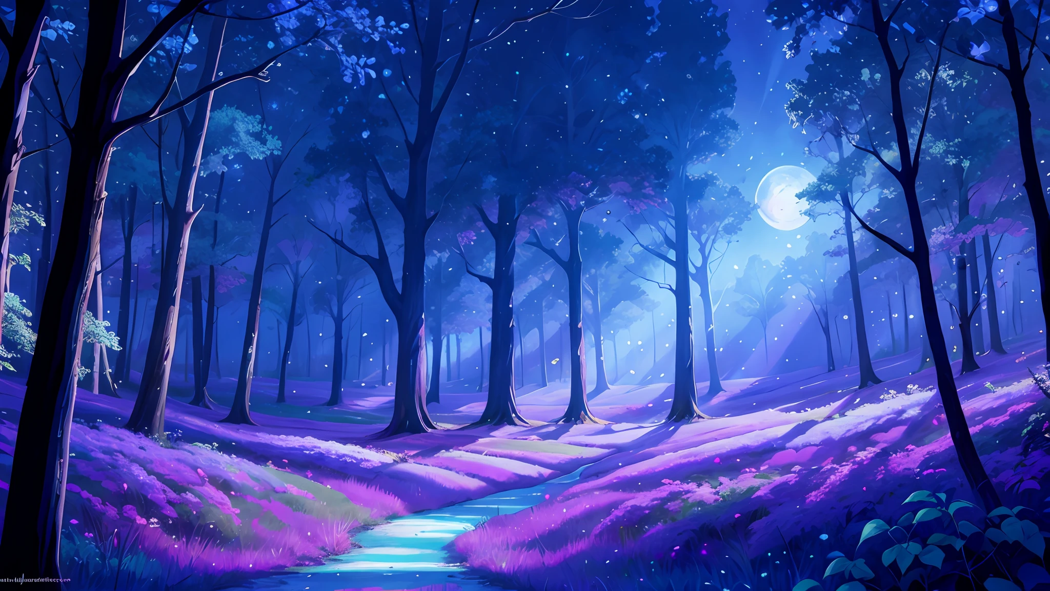 Wooded landscape with purple moon shining in the background, Mariposas azules en el aire