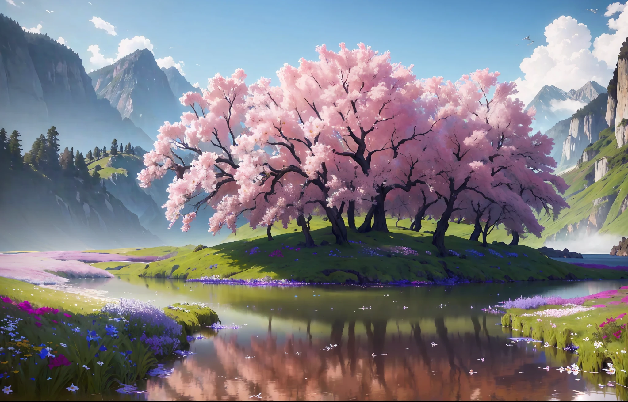 obra maestra, mejor calidad, foco nítido, alta calidad, fondo de pantalla CG 8k extremadamente detallado, muchas flores, Award-winning photography, HDR, fotorrealista, extremadamente detallado, tendencia en artstation, tendencia en CGsociety, intrincado, alto detalle, dramatic, arte a mitad de viaje, agua cristalina, agua limpia, el lago alrededor es cistalina se pueden ver peces