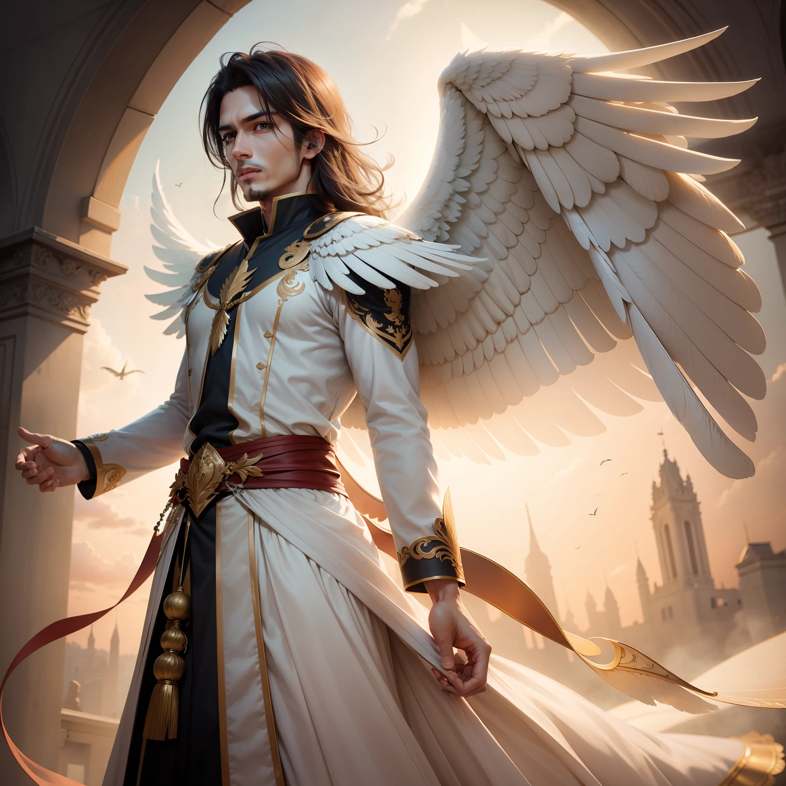 A man have 2 large wing,wings show light,full realistic,wear half dress,looking like angle,