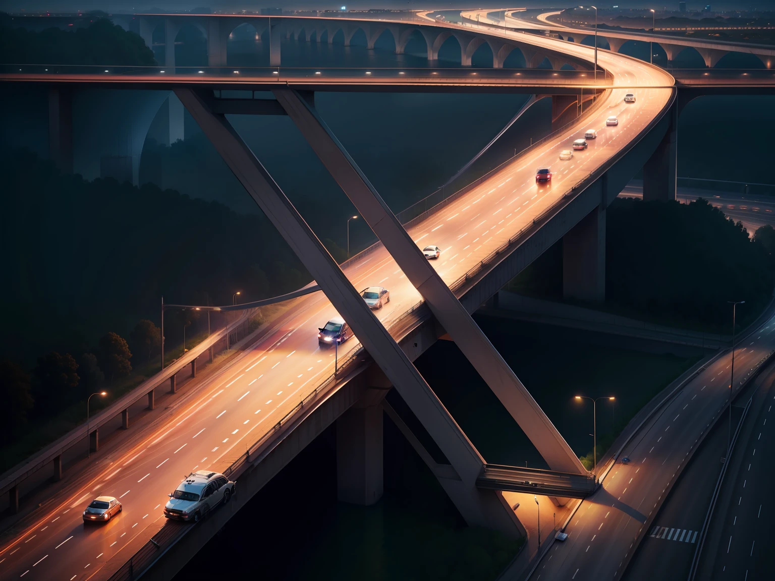 roads interception on a highway with cars, day areal shot, night traffic , river bridge
