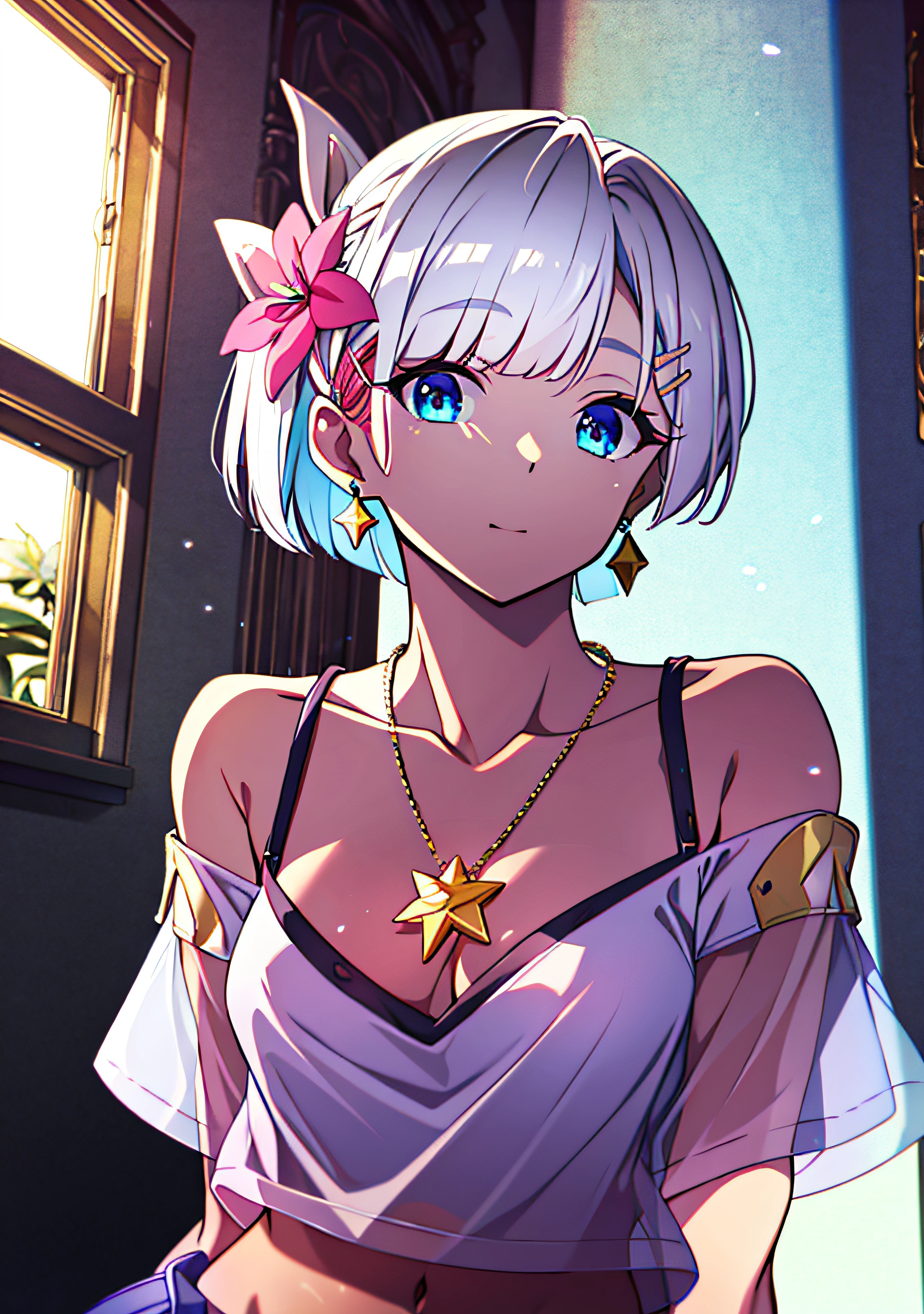 （（tmasterpiece））， best qualtiy， illustratio， The is very detailed， Off_Shoulder，dampness， （see through_White_Colorful_Lettered_tee shirt），Silver Bob hair，Pink_flower_hair pin，Blue_Eyes，navel，The Arm_arms  cuffs，Star pendant earrings，pleated_Miniskirt，Gorgeous light and shadow，dynamic angle