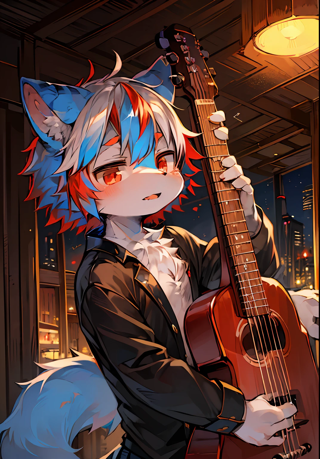 ambiente dark:0.8),masterpiece,high quality,abstract res,digital painting\(artwork\), by dagasi, yupa,kiyosan,(anthro,fluffy fur,character focus:1.1),anthro male cat,short hair,portrait , eyes with brightness, in a panoramic view, Character focus.(detailedbackground:0.7), 独奏, shaggy, Hairy male Male focus, anthr,(Full Body Furry, Fluffy tail, Blue fur,red color eyes, Silvery hair:1.2), (Long felines、plays the guitar、guitar:1.2),(external、In the daytime、城市:1.1)