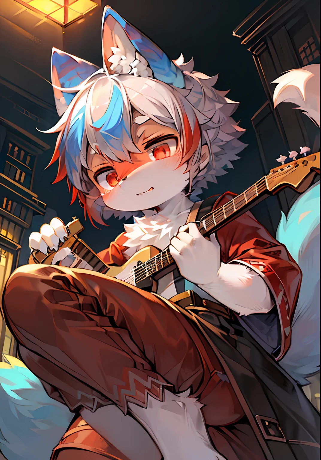 ambiente dark:0.8),masterpiece,high quality,abstract res,digital painting\(artwork\), by dagasi, yupa,kiyosan,(anthro,fluffy fur,character focus:1.1),anthro male cat,short hair,portrait , eyes with brightness, in a panoramic view, Character focus.(detailedbackground:0.7), 独奏, shaggy, Hairy male Male focus, anthr,(Full Body Furry, Fluffy tail, Blue fur,red color eyes, Silvery hair:1.2), (Long felines、plays the guitar、guitar:1.2),(external、In the daytime、城市:1.1)