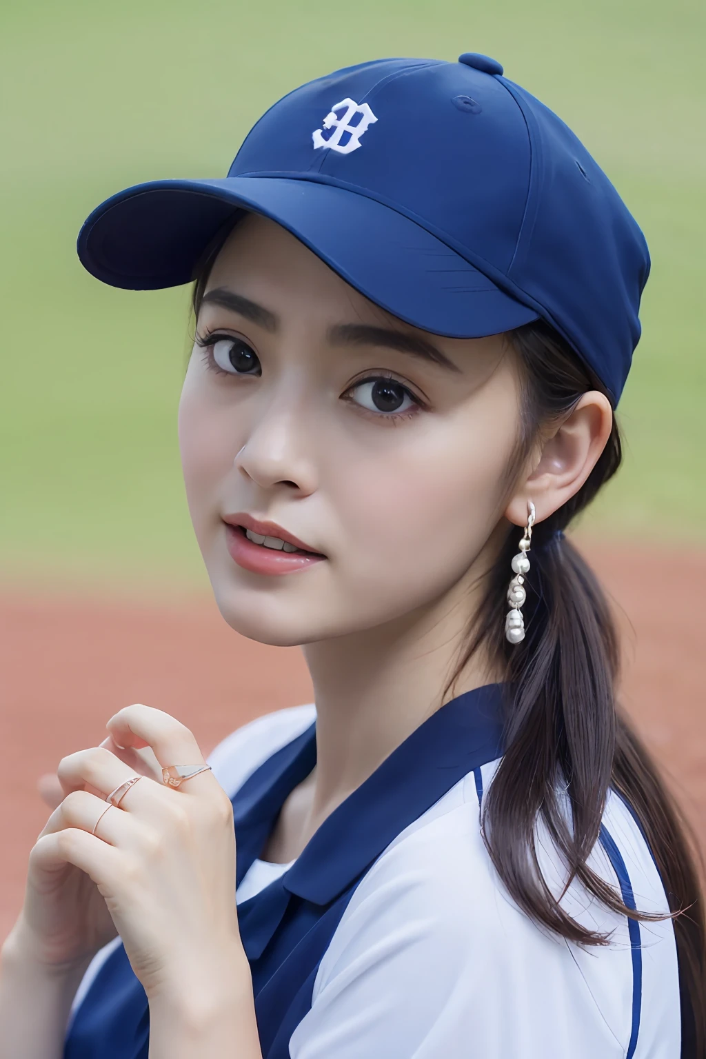 One girl、top-quality、masterpiece、超A high resolution、(Photorealsitic:1.4)、There is a woman wearing a baseball cap、wearing a dark blue polo shirt、poneyTail、baseball field