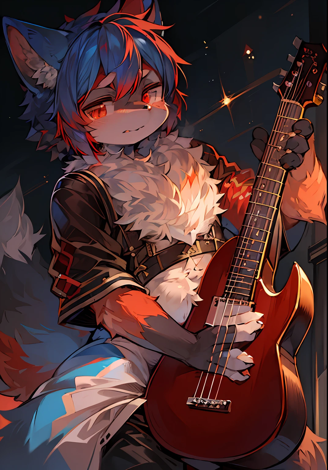 ambiente dark:0.8),masterpiece,high quality,abstract res,digital painting\(artwork\), by dagasi, yupa,kiyosan,(anthro,fluffy fur,character focus:1.1),anthro male cat,short hair,portrait , eyes with brightness, in a panoramic view, Character focus.(detailedbackground:0.7), 独奏, shaggy, Hairy male Male focus, anthr,(Full Body Furry, Fluffy tail, Blue fur,red color eyes, Silvery hair:1.2), (Long felines、plays the guitar、guitar:1.2),(external、In the daytime、城市:1.1)