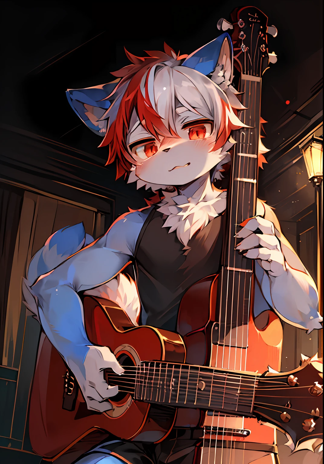 ambiente dark:0.8),masterpiece,high quality,abstract res,digital painting\(artwork\), by dagasi, yupa,kiyosan,(anthro,fluffy fur,character focus:1.1),anthro male cat,short hair,portrait , eyes with brightness, in a panoramic view, Character focus.(detailedbackground:0.7), 独奏, shaggy, Hairy male Male focus, anthr,(Full Body Furry, Fluffy tail, Blue fur,red color eyes, Silvery hair:1.2), (Long felines、plays the guitar、guitar:1.2),(external、In the daytime、城市:1.1)