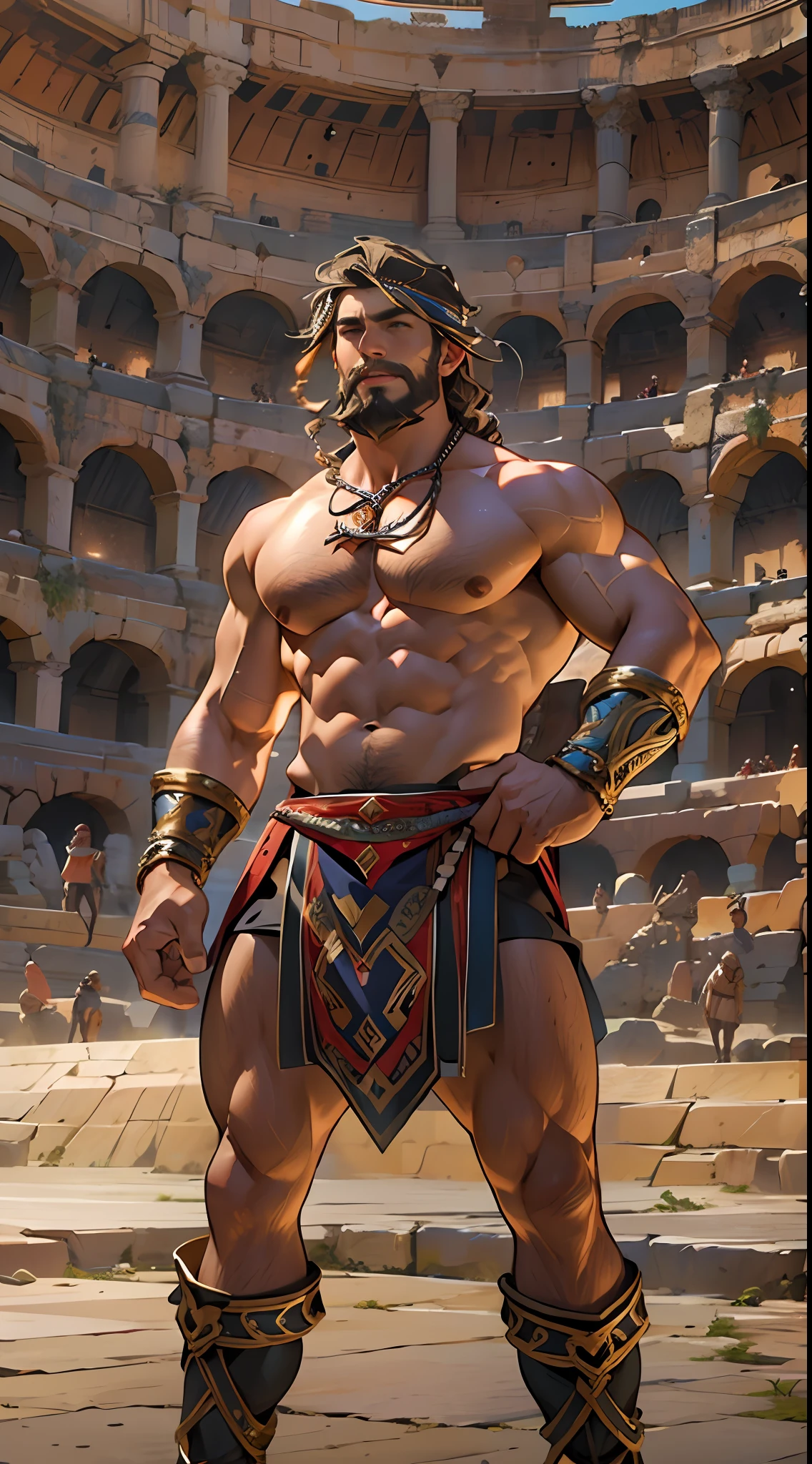 Muscular gladiator, upper body revealed, legs uncovered from thighs to feet, adorned with a beaded beard, flowing long curls, intricate muscular details, photorealistic artwork, 4K resolution. Background: Ancient Roman arena,32k uhd, best quality, masterpiece, super detail, high details