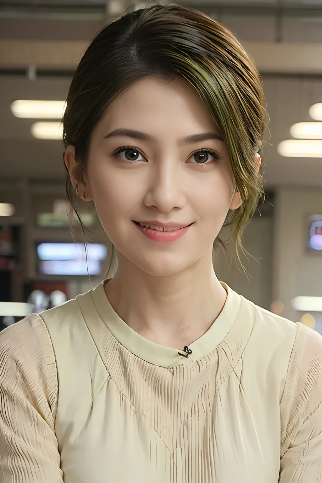 mid afternoon, Doctor Gown, short detailed hair, Green hair, 1girll, Innocent, (Photorealistic), (Intricate details:1.2),(Masterpiece, :1.3),(Best quality:1.4), (超高分辨率:1.2), 超高分辨率, (Detailed eyes), (Detailed facial features), hdr, 8K resolution,