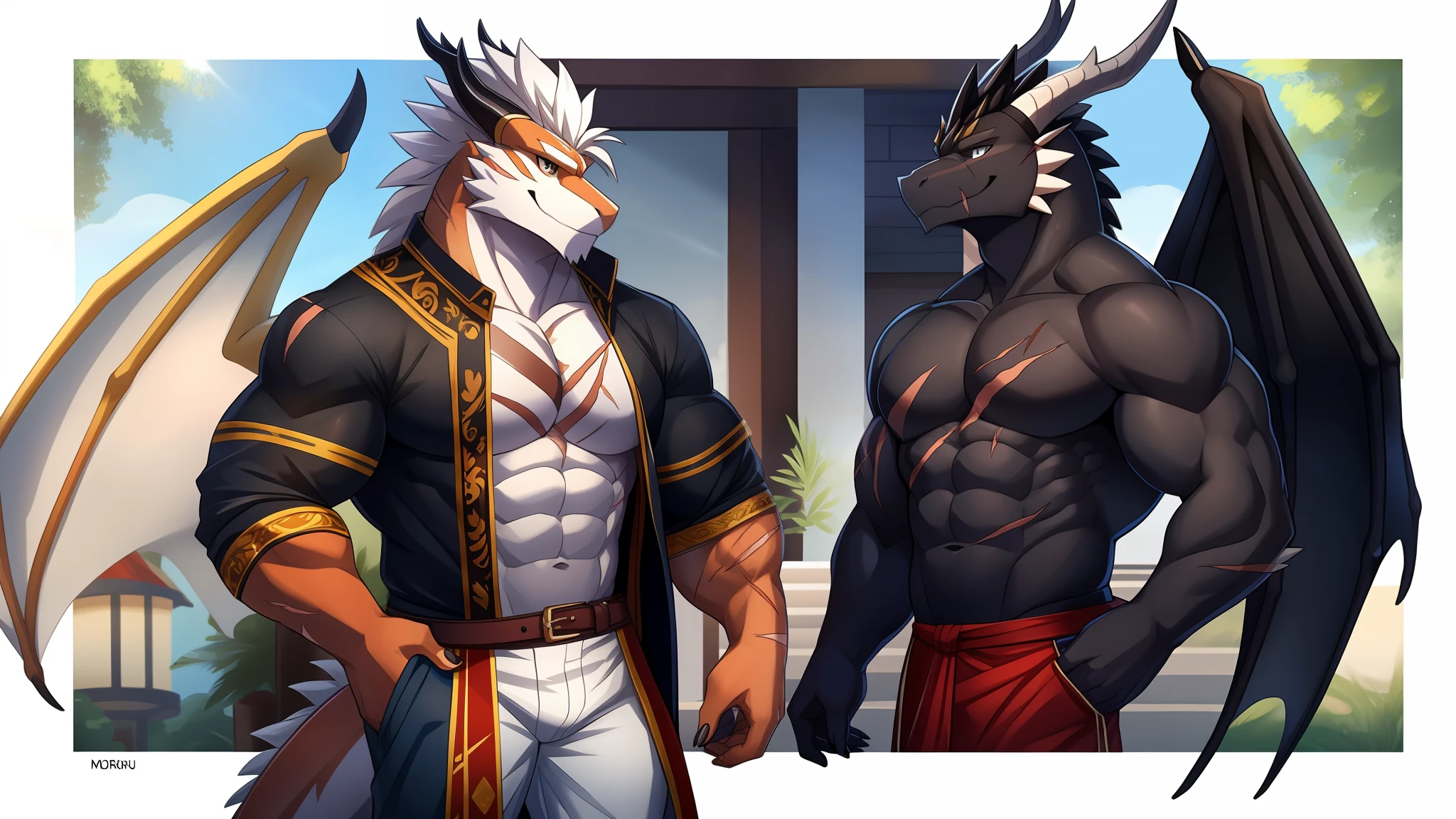 Two males，Eastern White Dragon and Western Black Dragon，Casual attire，inns，Made，gyuru，There is a scar on the chest，fit and muscular body