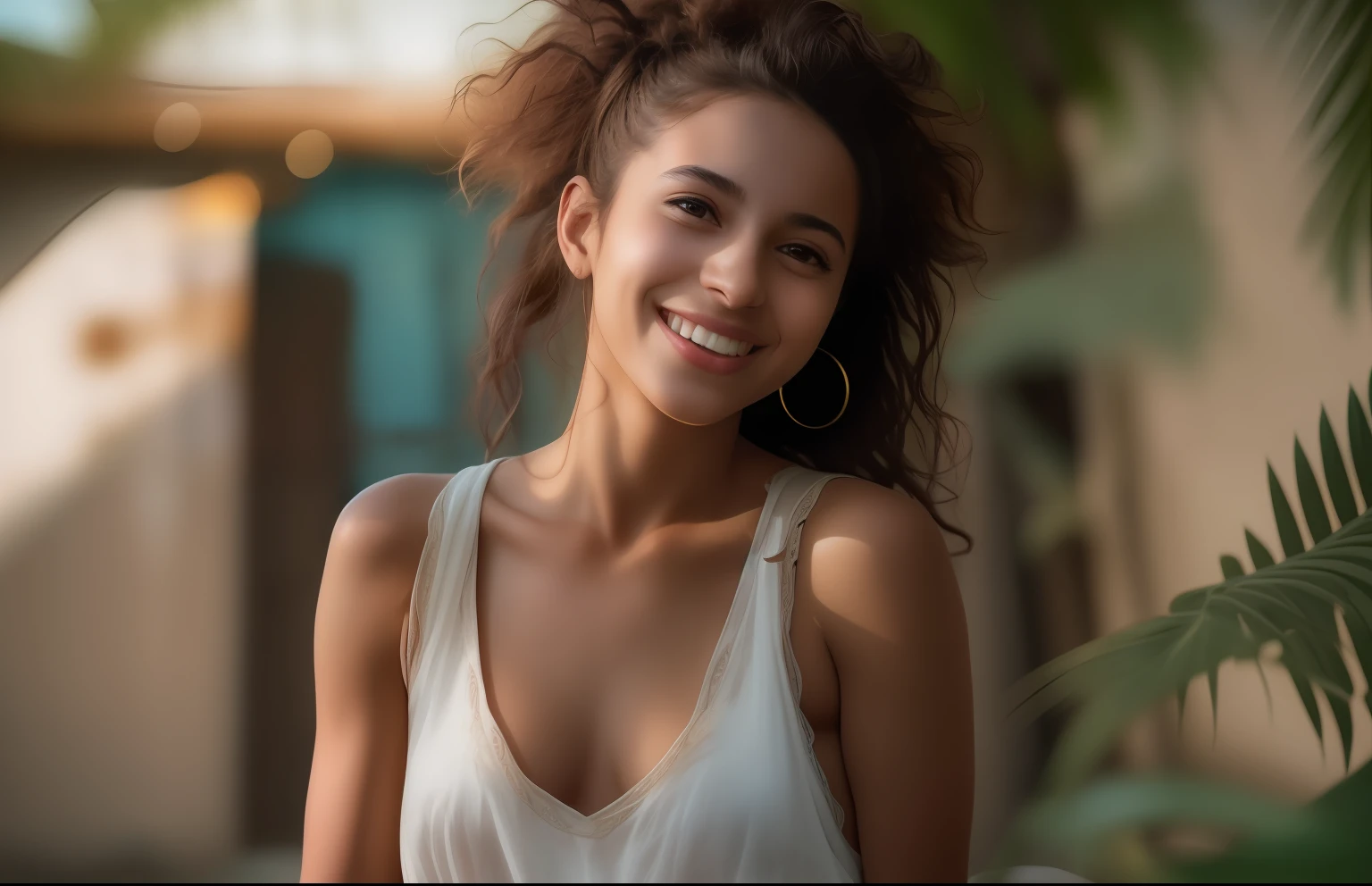award winning photo of an Arabic girl, petite body, , perky , deep tan skin, long curly hair in a ponytail, smiling at camera, goofy happy expression, tropical oasis, low angle perspective, by lee jeffries nikon d850 film stock photograph 4 kodak portra 400 camera f1.6 lens rich colors hyper realistic lifelike texture dramatic lighting unreal engine trending on artstation cinestill 800, dark, deep shadow, high contrast