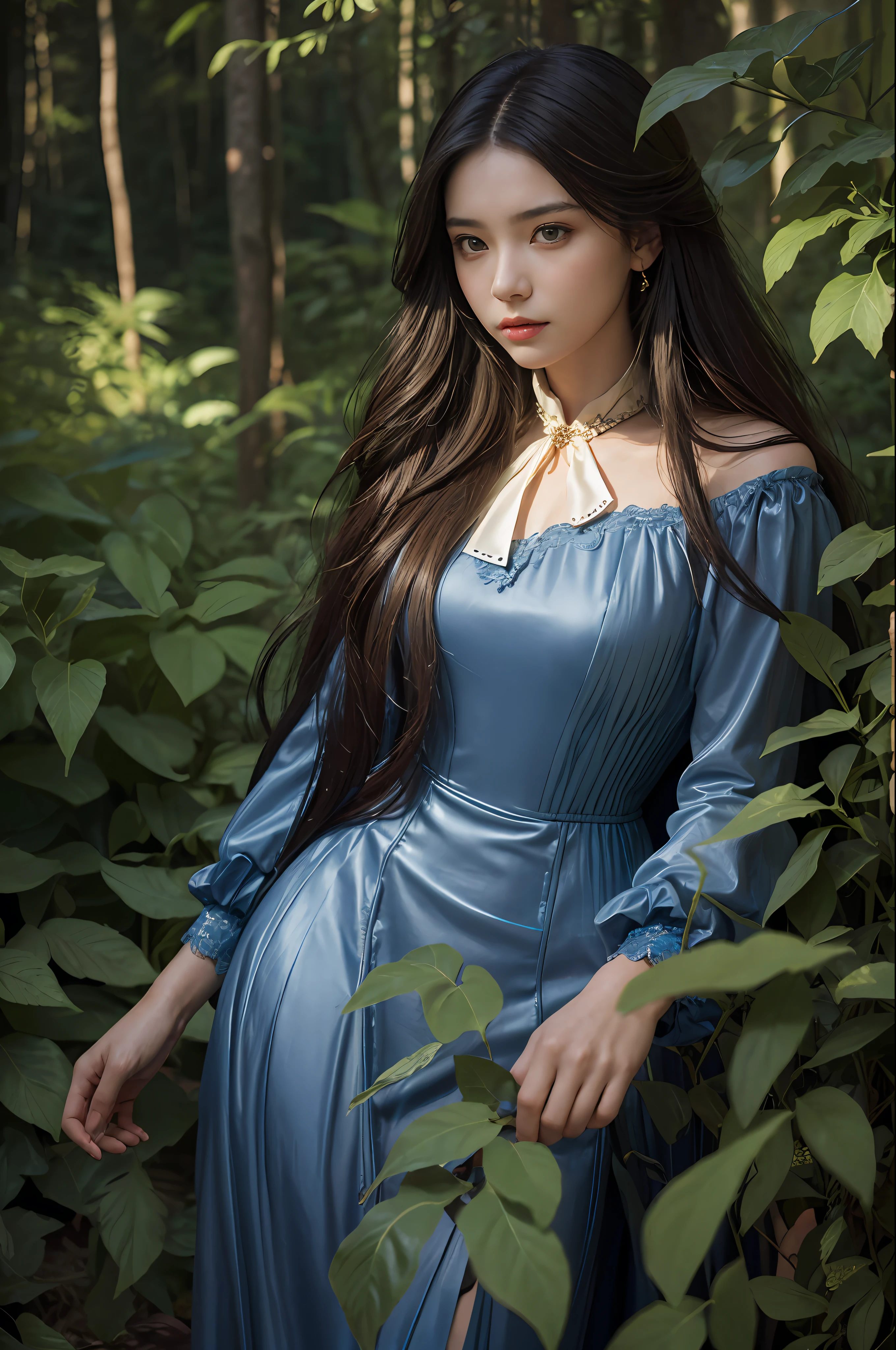 Surrealist portraits of women by David Hockney and Alphonse Mucha,long whitr hair,brunette color hair,In the forest,Exquisite facial features,perfect body figure,realisticlying,Climactic expression,Fantasyart,photographrealistic,动态照明,art stations,poster for,Volumetriclighting,Very detailed faces,8K,Award-Awarded,,1girll,in the darkness nigth,deep shading,low tune,Cowboy photos,(formal outfit:1.4),
