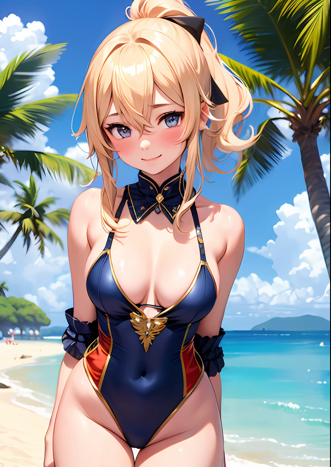 1girl, adult woman, (Blushing:1.4), ( highcut swinsuit, gold animal print), blushed, Smile, Cowboy Shot, Slim body, Small breast, small boobs, Full Body, Detailed background: Beach and palmtrees, summer