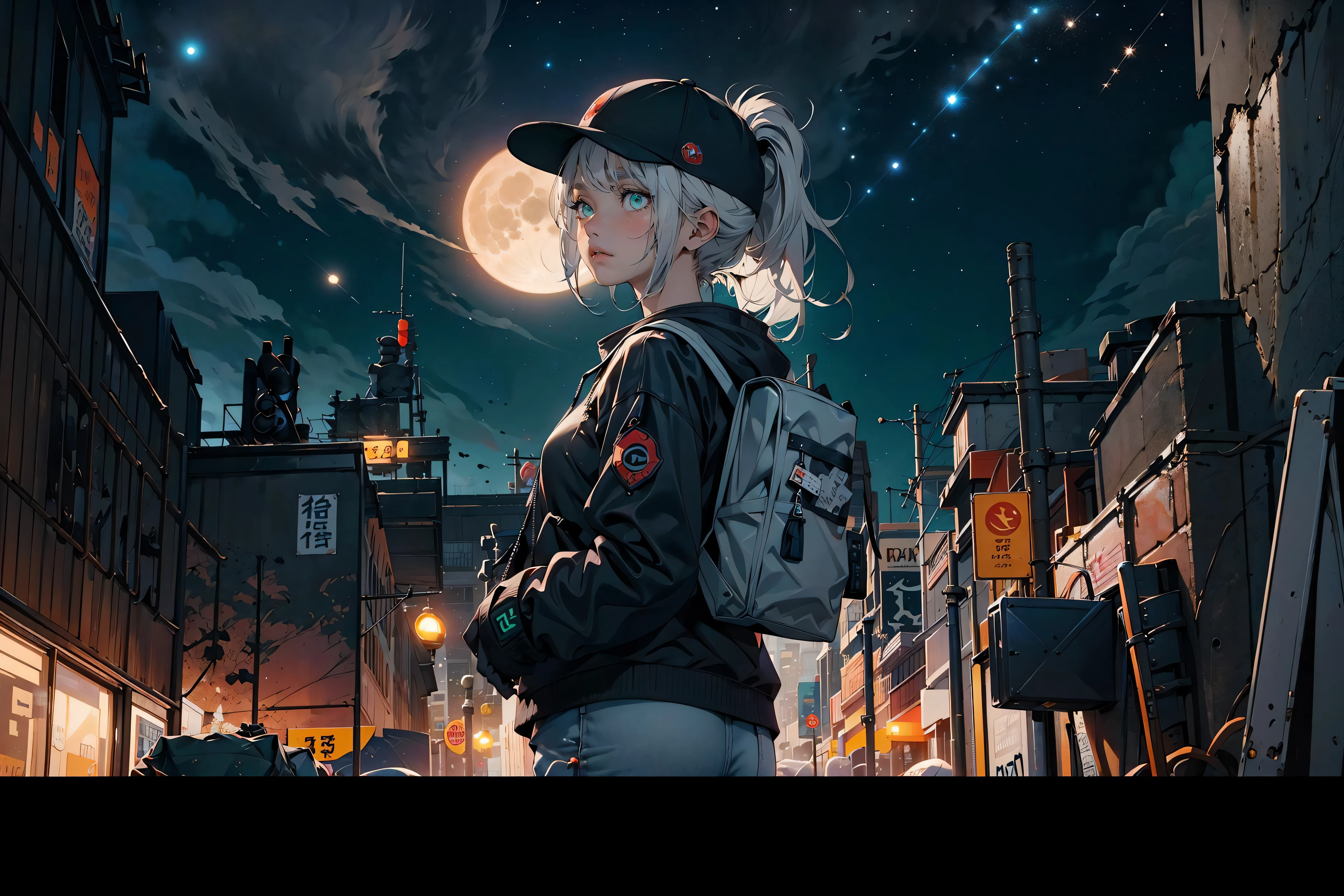 ((1girl,solo))absurdres, highres, ultra detailed, (1girl:1.3), (ponytail),green eyes,
(full shot:1.4)
Techwear
Drones and small robots
Gigantic buildings and a gray city
Giant trees and ruins
The full moon and stars twinkling in the night sky
general store and a backpack
baseball cap
assault rifle