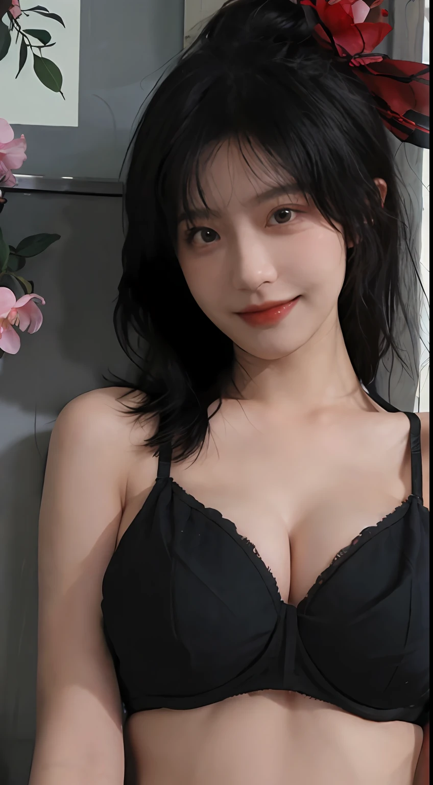 best qualtiy, 超高分辨率, (realisticlying:1.4), one-girl, A pair of clear and moving peach blossom eyes,Royal Sister,long azure hair,Fair skin,(full bodyesbian:1.2)a sense of atmosphere,a beauty girl, ssmile,sea beach,(full bodyesbian:1.2) looking at viewert, closeup cleavage ,(Photorealistic:1.4),1girll,Sexy,(Black bra:1.5),(Big breasts:1.8),(Upper body:1.4),(Wet body),(:1.2)