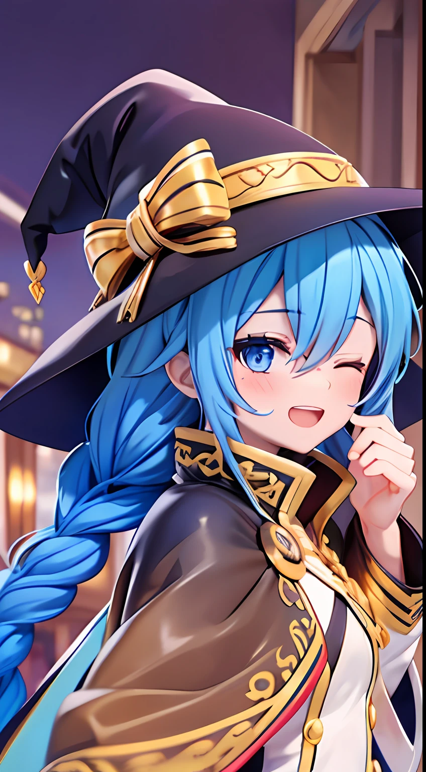 roxy migurdia, Masterpiece, Best quality, Very detailed background, Cafe, hand on own cheek, Open mouth, Eyes closed, clench one's teeth, Smile, arms back behind, bangs, Black tiara, Blue eyes, Blue hair, Braid, Brown cape, Cape, hair between eye, Hat, Long hair, Witch hat