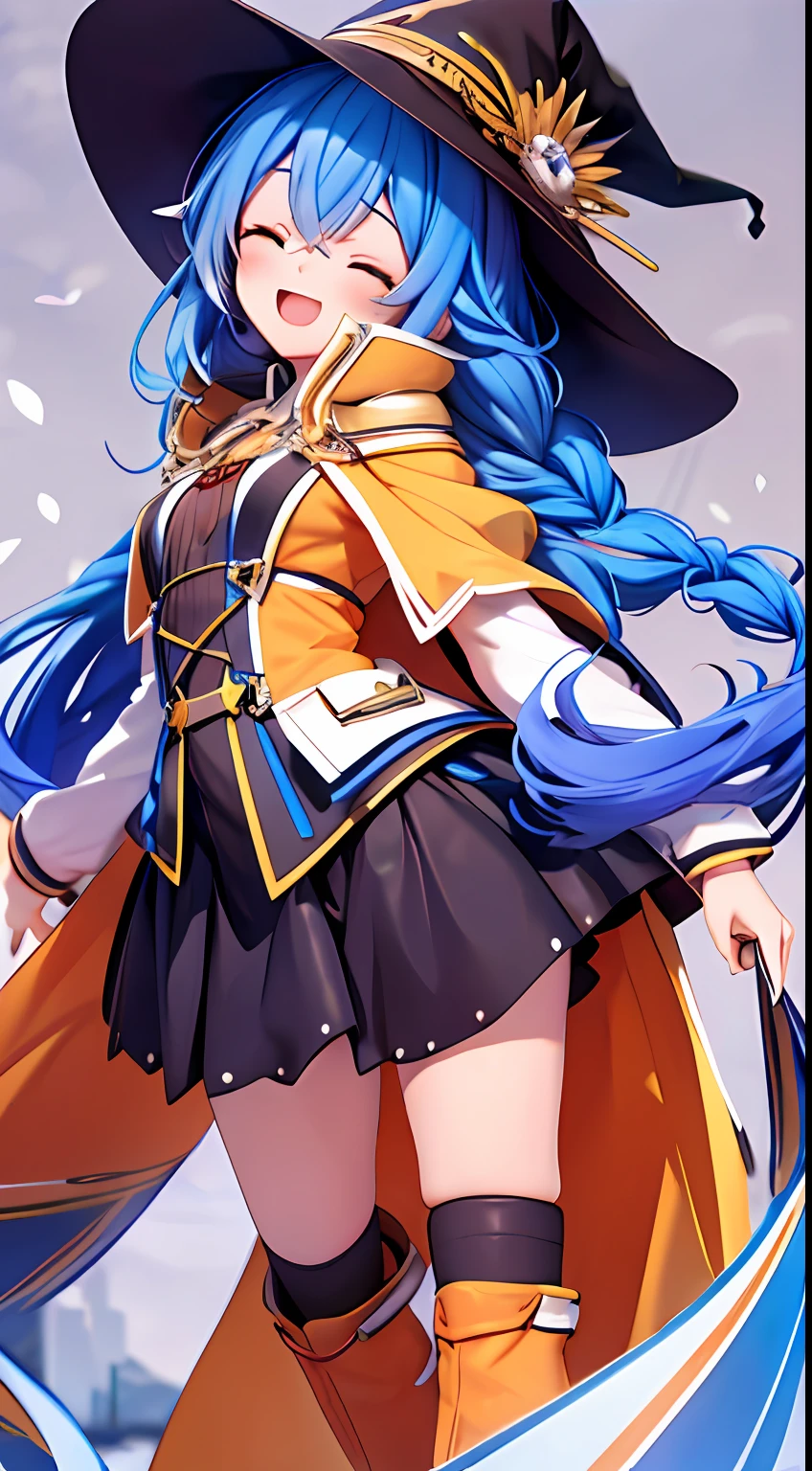 roxy migurdia, Masterpiece, Best quality, Very detailed background, Cafe, hand on own cheek, Open mouth, Eyes closed, clench one's teeth, Smile, arms back behind, bangs, Black tiara, Blue eyes, Blue hair, Braid, Brown cape, Cape, hair between eye, Hat, Long hair, Witch hat