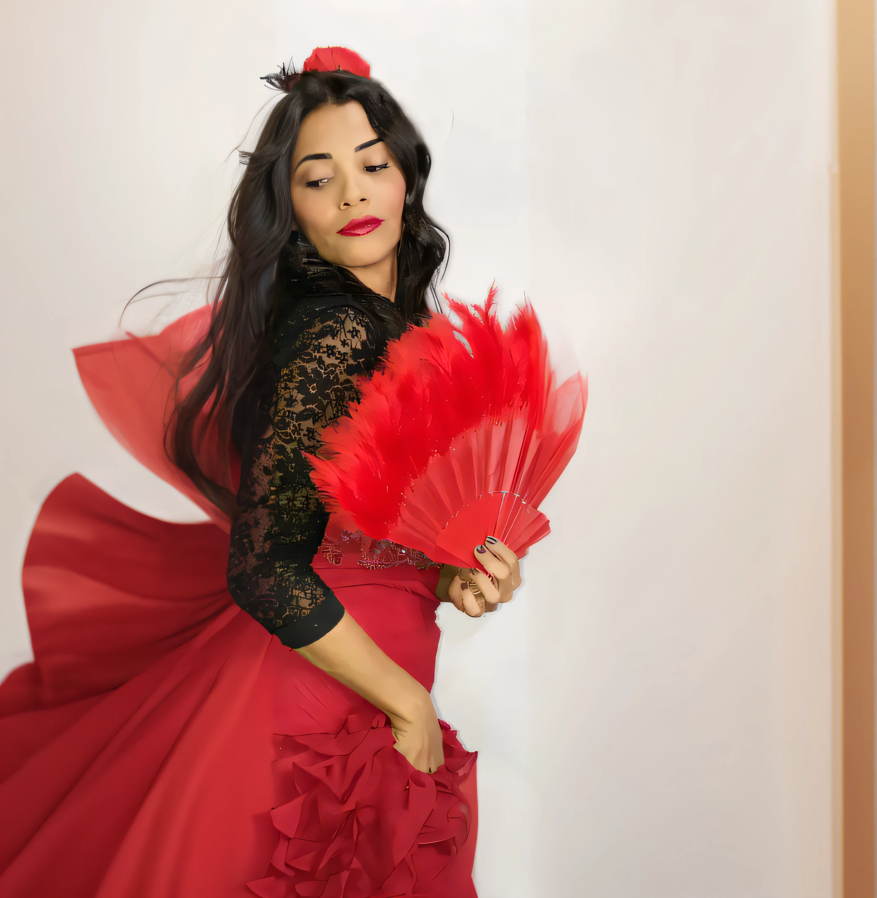 cabelos realistas cor preta, vestido vermelho