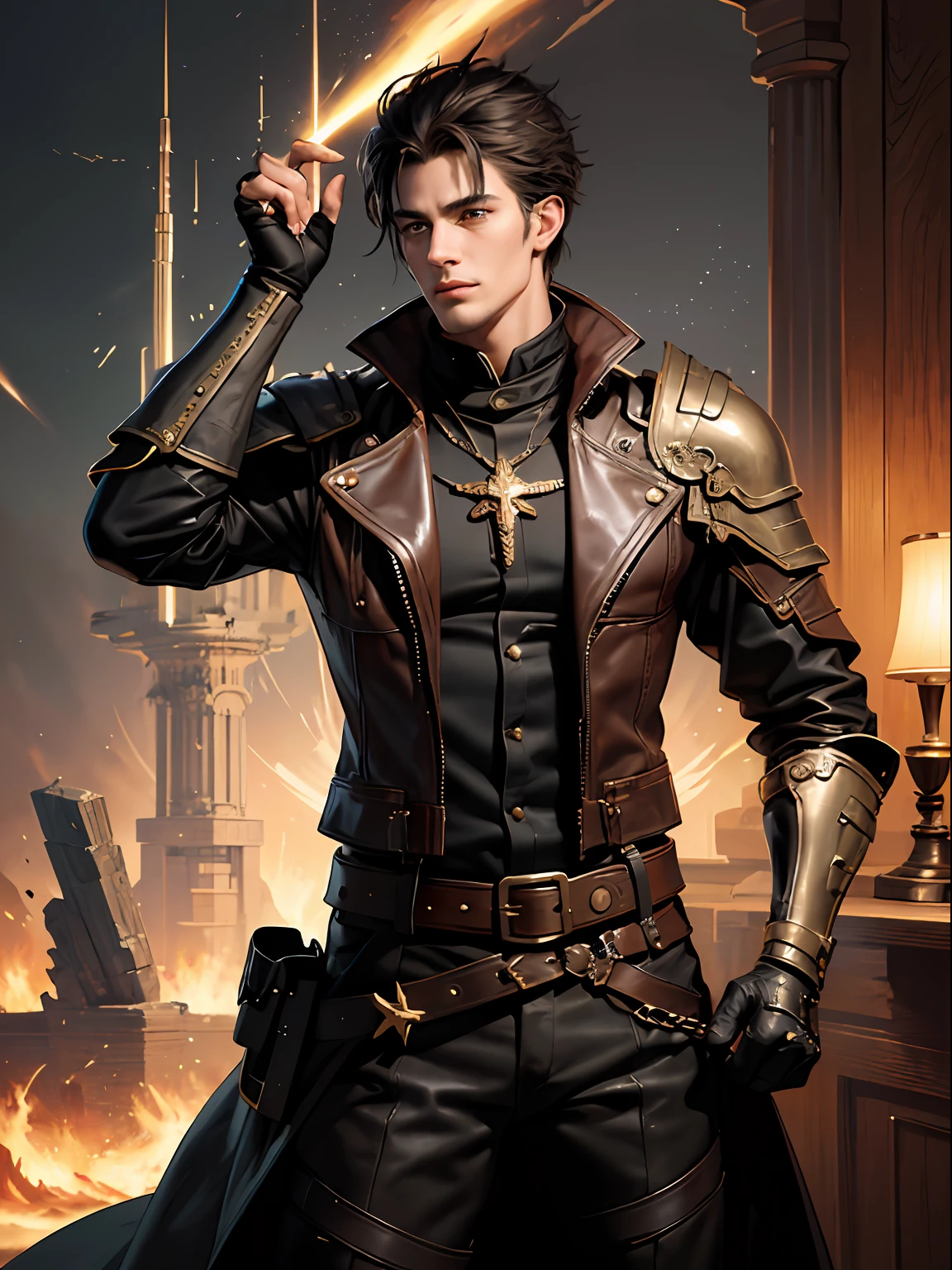 full body picture Unreal Engine 5 8K UHD of young man,, wearing brown long leather jacket, demon hunter clothes, mysterious, left arm pauldron, leather belts, wearing glaive on right hand, steampunk city background, best quality, masterpiece. (masterpiece, best quality:1.4),(absurdres, highres, ultra detailed:1.2), (1 good looking man:1.4), (using dark magic:1.4),water magic,playful illustrations, imaginative overlays, artistic fusion,fantastical scenes, evocative narratives, striking visuals, upper body, blessing, favor, exalted, fantasy, celestial, sublime, noble, unfolding, unraveling, spiritual, dignified, magic circle, spark.
