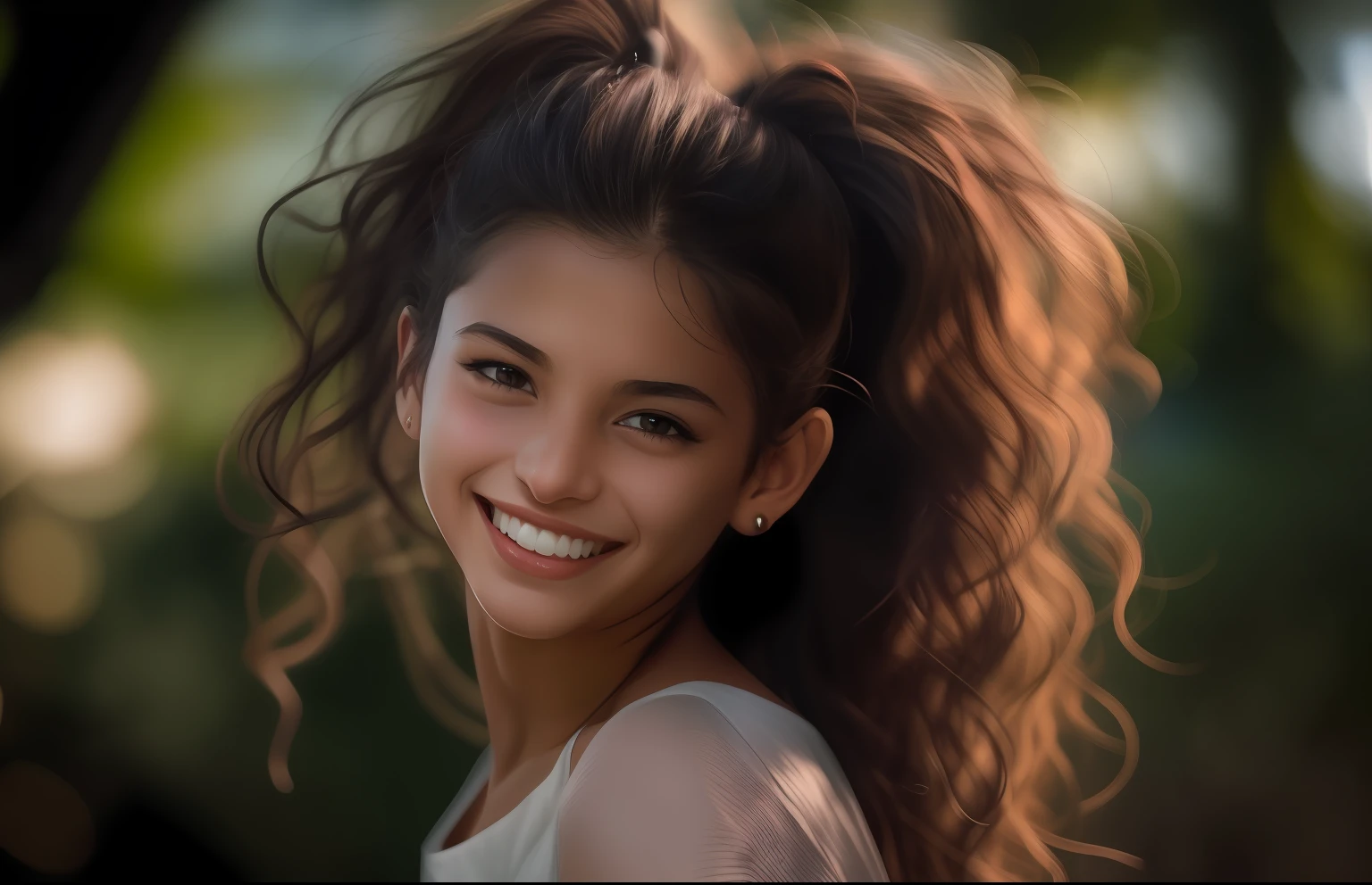 award winning photo of an Arabic girl, petite body, naked, perky , deep tan skin, long curly hair in a ponytail, smiling at camera, goofy happy expression, tropical oasis, low angle perspective, by lee jeffries nikon d850 film stock photograph 4 kodak portra 400 camera f1.6 lens rich colors hyper realistic lifelike texture dramatic lighting unreal engine trending on artstation cinestill 800, dark, deep shadow, high contrast