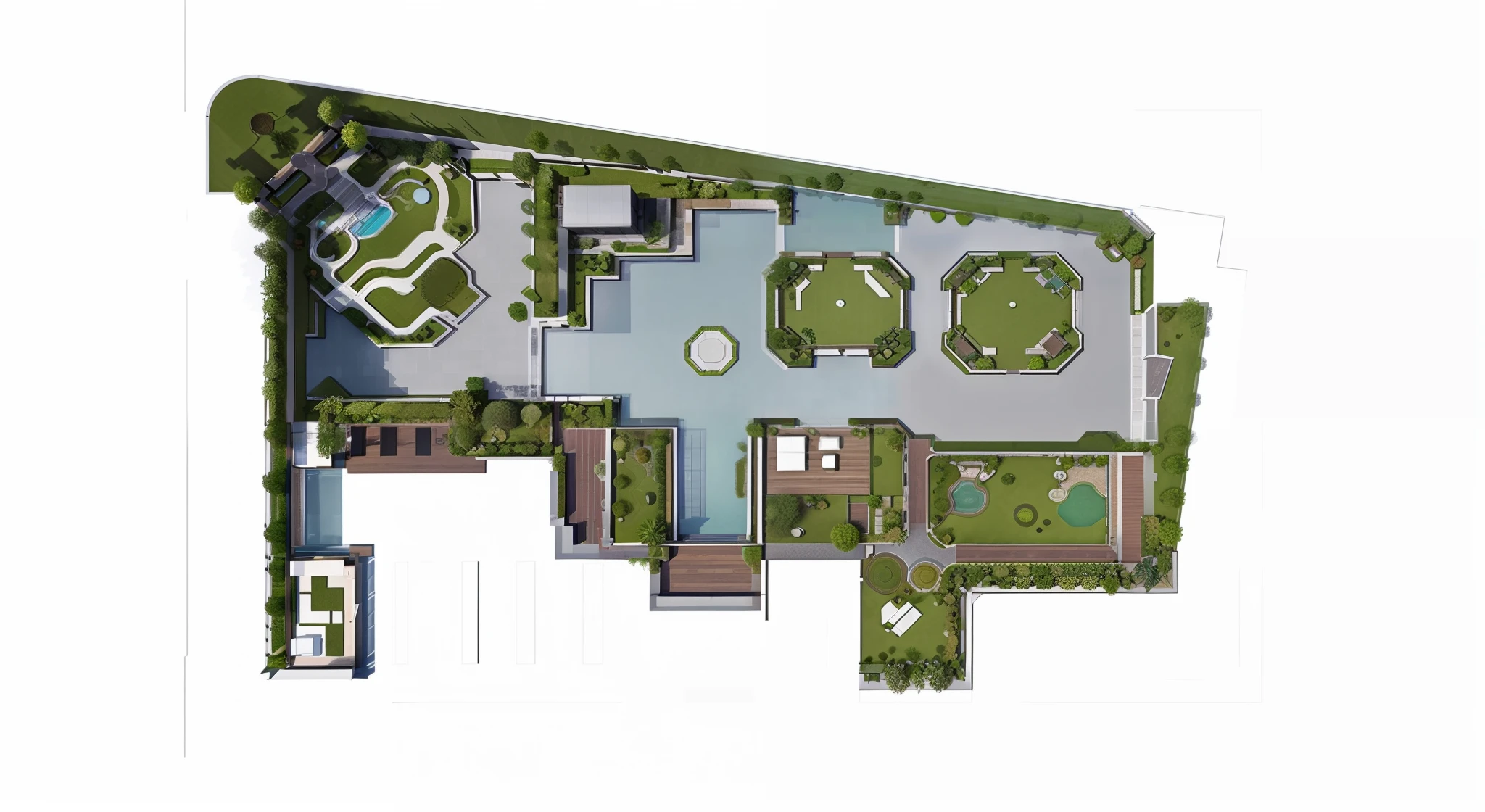 Park floor plan with pond and park, 2 d overhead view, aerial illustration, top - view, 2 d axonometric overhead view, with a fishpond and courtyard, landscape architecture photo, upper view, aerial view top down, Most detailed, mid-air, zoom out view, Resort, conceito, Top view map
